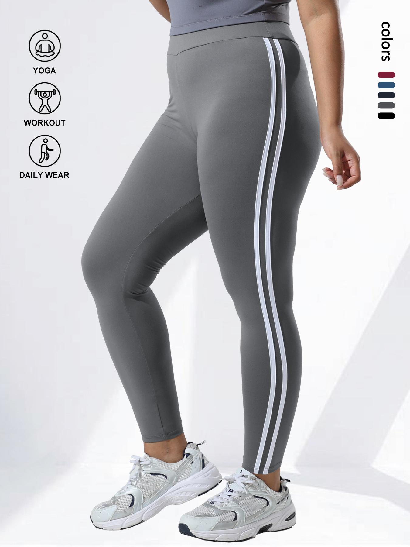 Women's Plus Size High Waist Skinny Pants, Side Colorblock Design, Elastic Comfortable Fit, Fashion Striped Pattern, Casual Wear，Cherry, High Waisted Leggings