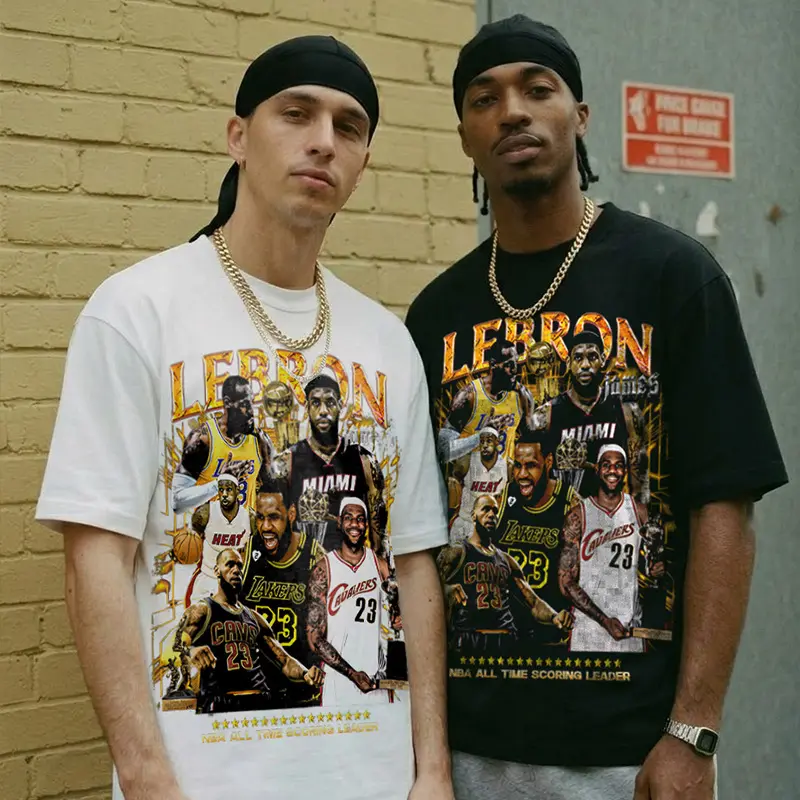 Men's American Lakers James Printed Heavy Weight Pure Cotton Short-Sleeve Sports T-Shirt, High Street Retro Small Round Neck summer training humorous anniversary casual crew neck short sleeve humor top soft everyday outfit loose fit round neck gift funny