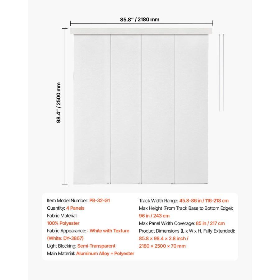 VEVOR Panel Track Blinds, Extendable Track from 45.8 in to 86 in W, Trimmable Panel Curtains Up to 96 in H, Adjustable Vertical Panel Blinds for Sliding Doors, Patio Doors, Room Divider, Window, White