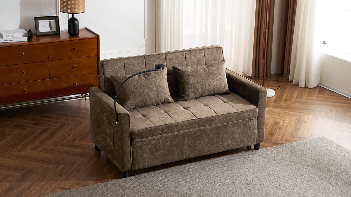 56.9" Loveseat Sofa Pull-out Sofa Bed Sleeper Sofa with A Reversible Backrest Cushion, Side Pockets, Two USB Ports and A Phone Holder for Living Room, Brown 56.9" Loveseat Sofa Pull-out Sofa Bed Sleeper Sofa with A Reversible Backrest Cushion, Side Pockets, Two USB Ports and A Phone Holder for Living Room, Brown