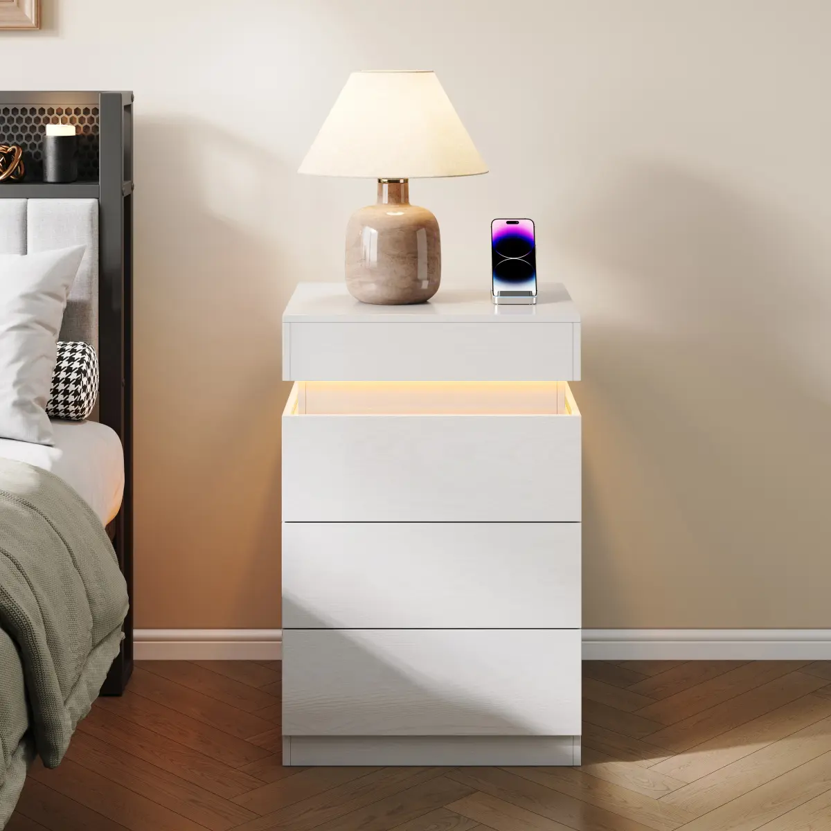 Modern White Wooden 3-Drawer Sliding-Top Nightstand with Built-In 120v/12a Charging Station, App-Controlled LED Lighting, Bedroom/Office End Table
