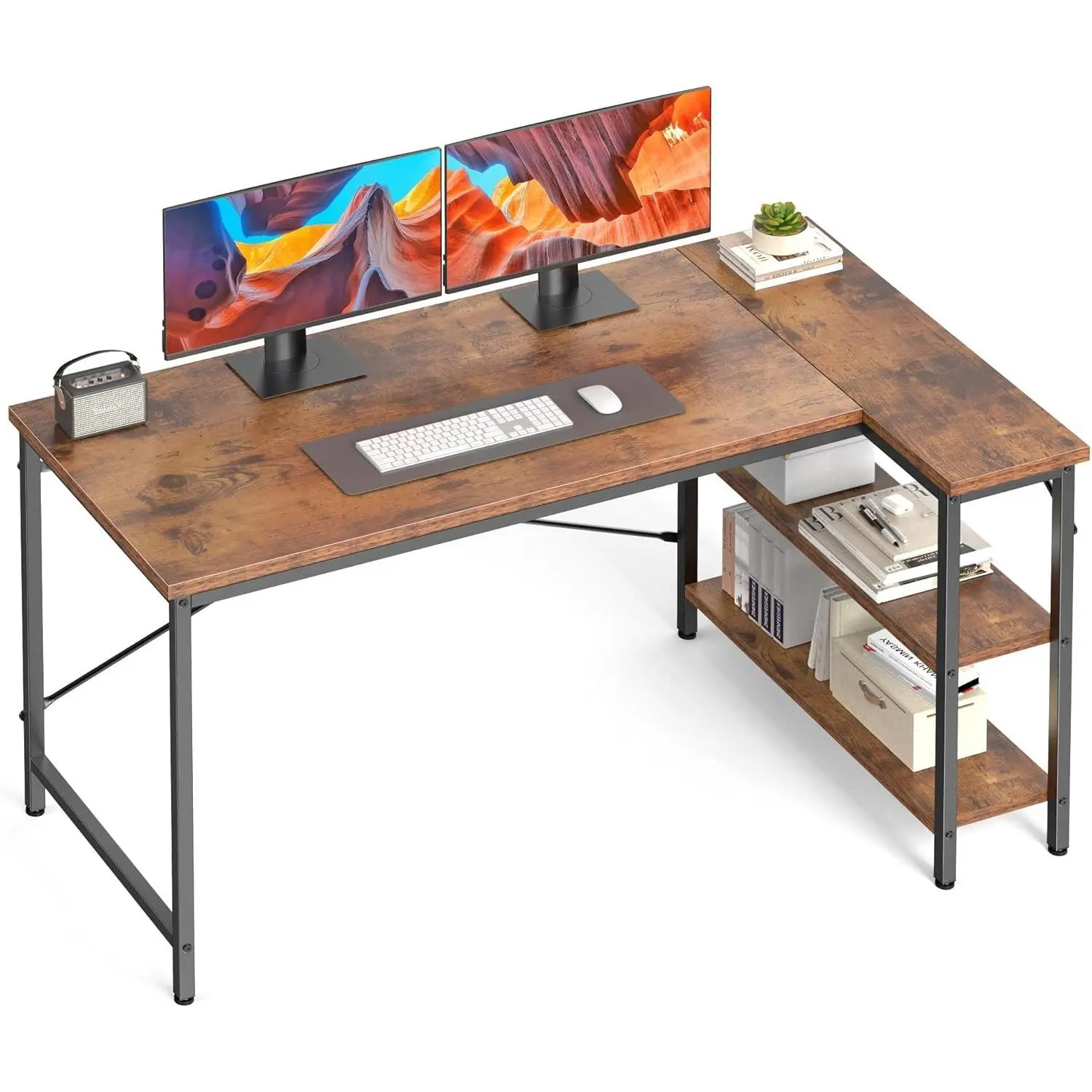 L-shaped office desk, 39-55inch computer desk, writing work desk with reversible storage rack