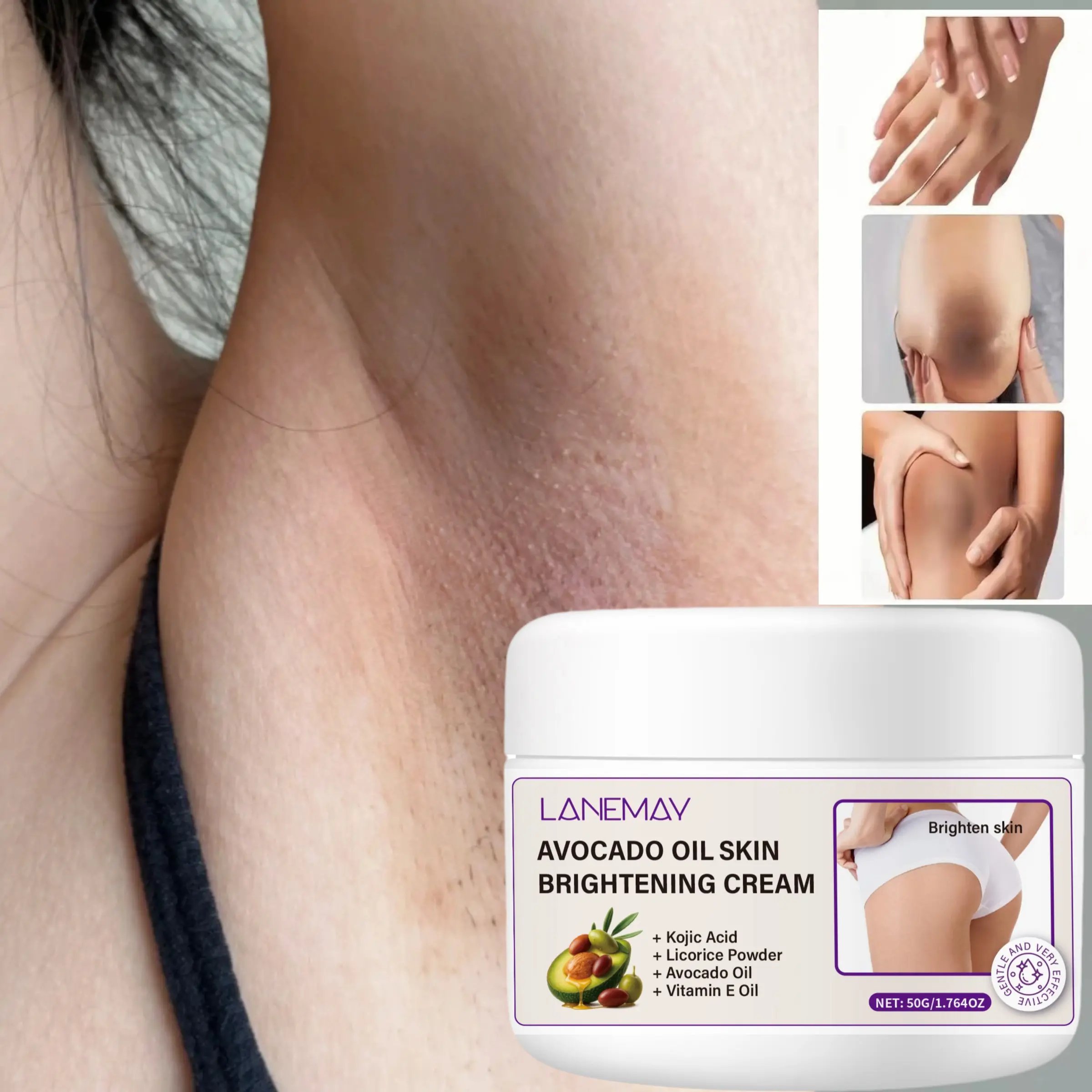 Avocado Brightening Cream for Body, Intimate Areas, Armpits, Knees, Elbows, Inner Thighs, Bikini Area, Lightens Dark Spots, 50g