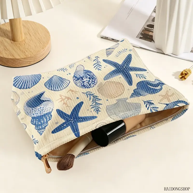 Coastal Starfish Seashell Seaweed Print Corduroy Makeup Bag, Large Capacity Portable Zipper Cosmetic Pouch, Spacious Travel Toiletry Organizer For Women Beach Vacation Daily Skincare Outfits,Multicolor,Resin,Rhinestone,Craft,Kit,woman,