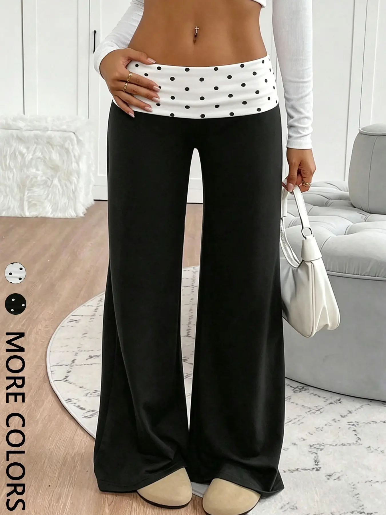 Women's Comfortable Casual Wide Leg Pants, Polka Dot Folded Waist, High-Waisted Flared Long Pants, Stylish and Trendy Fashion