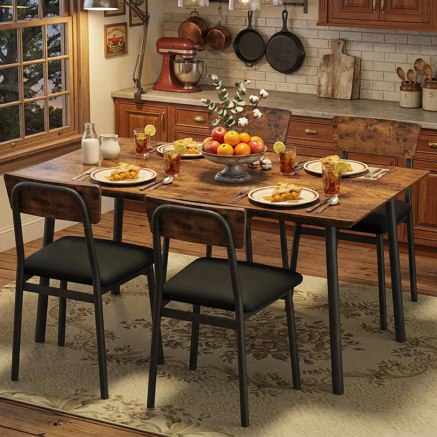 Rustic Brown Dining Table Set for 4 – Wood Kitchen & Dining Room Table with 4 Upholstered Chairs – Beveled Edge Design – Home or Apartment