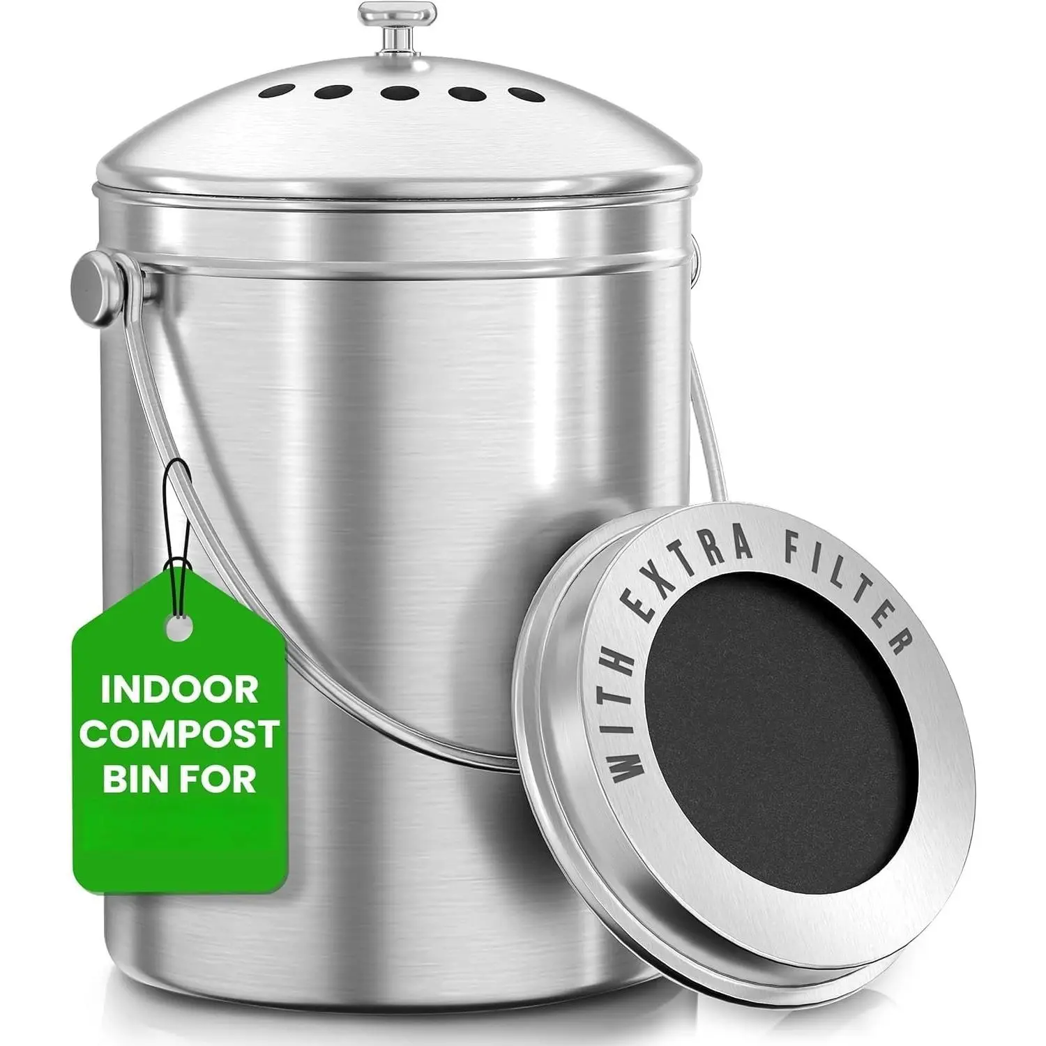 Countertop Compost Bin 1.3 Gallon, Stainless Steel,  | Odorless countertop compost bin with charcoal filter, ideal for  scraps and