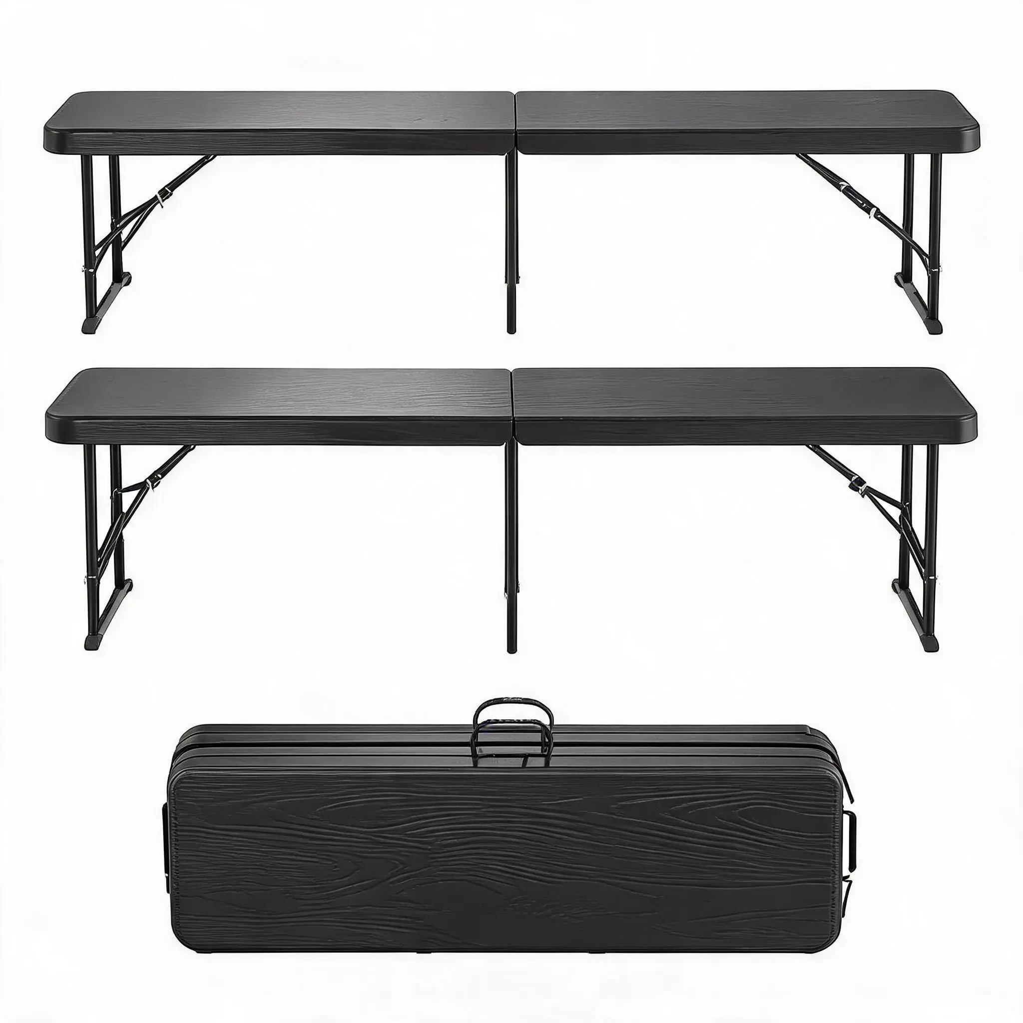2-Pack 6ft Folding Outdoor Bench - Heavy-Duty HDPE Plastic Top, Steel Frame - Fold-in-Half Portable Seating with Carry Handle - for Picnic, Camping, Parties & Sports