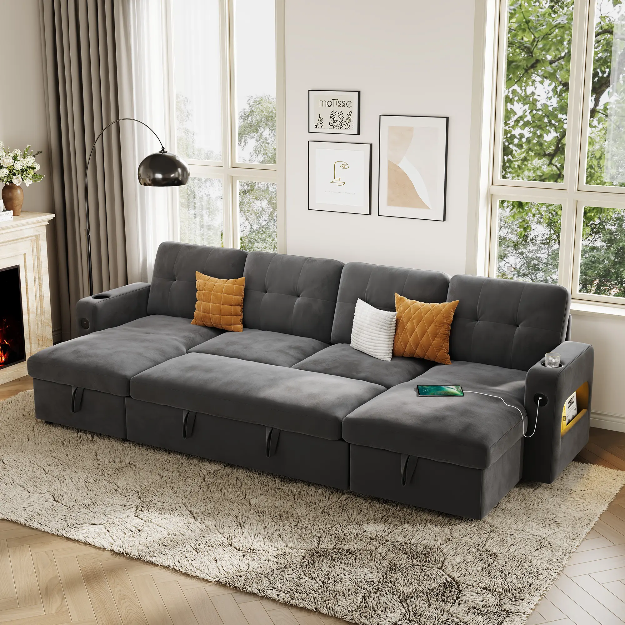 Modern U-Shaped Sleeper Sofa Bed – Convertible Pull-Out Sectional Couch with Storage Chaise, Charging Station, USB Type-C, LED Lights – Perfect for Living Room or Apartment – Velvet Upholstery