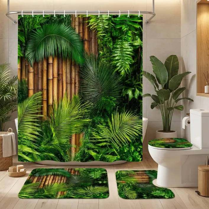 1/4pcs Printed Shower Curtain Set, Modern Bathroom Decoration and Accessories, Furniture Decorations, Durable Anti-slip Bathroom Floor Mats, U-shaped Carpets, Toilet Mats, No-punching 70.9*70.9in Bathroom Partition Curtain