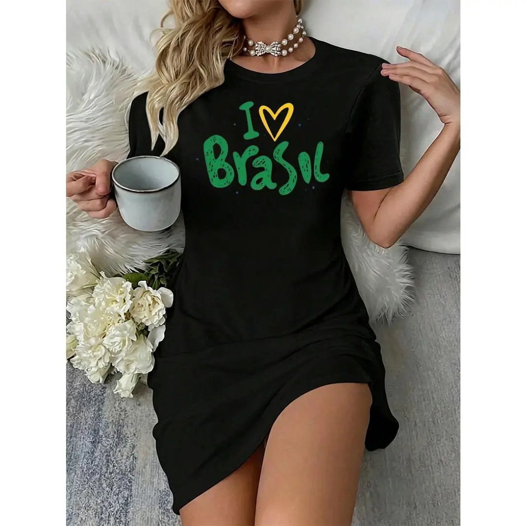 Women's Doodle Heart Motif "I Love Brazil" Graphic Print Short Sleeve Loose Oversized Mini Dress, Casual Street Outfit, Cold Wash Care, Mini Dresses, Loose Fit, Oversized Cut, Short Length, 300G, Above Knee