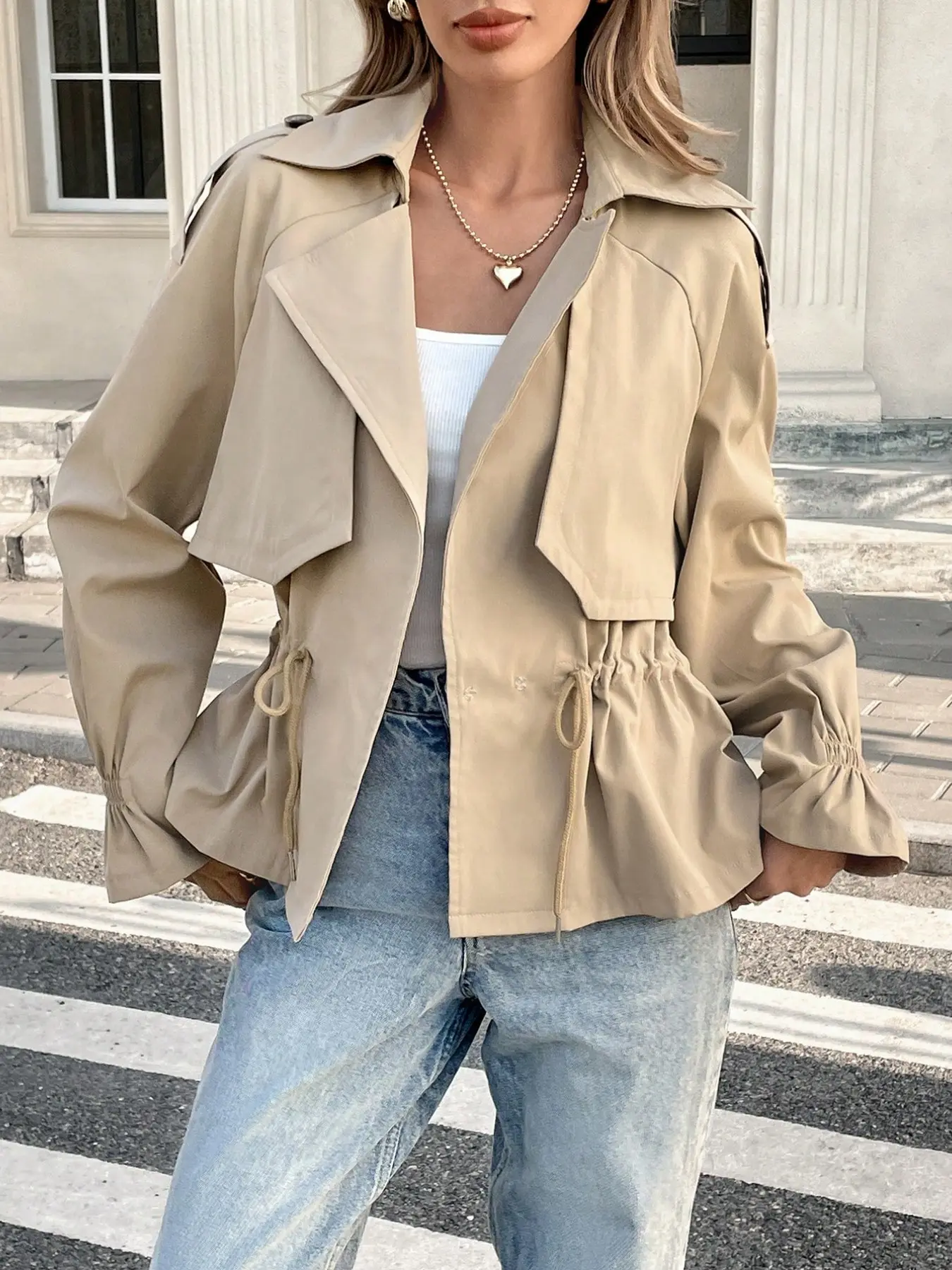 Women's Casual Long Sleeve Jacket Coats, Fitted Lapel Design, Adjustable Drawstring Closure, Belted Style, Winter Outerwear, Plain Pattern, Unlined Top