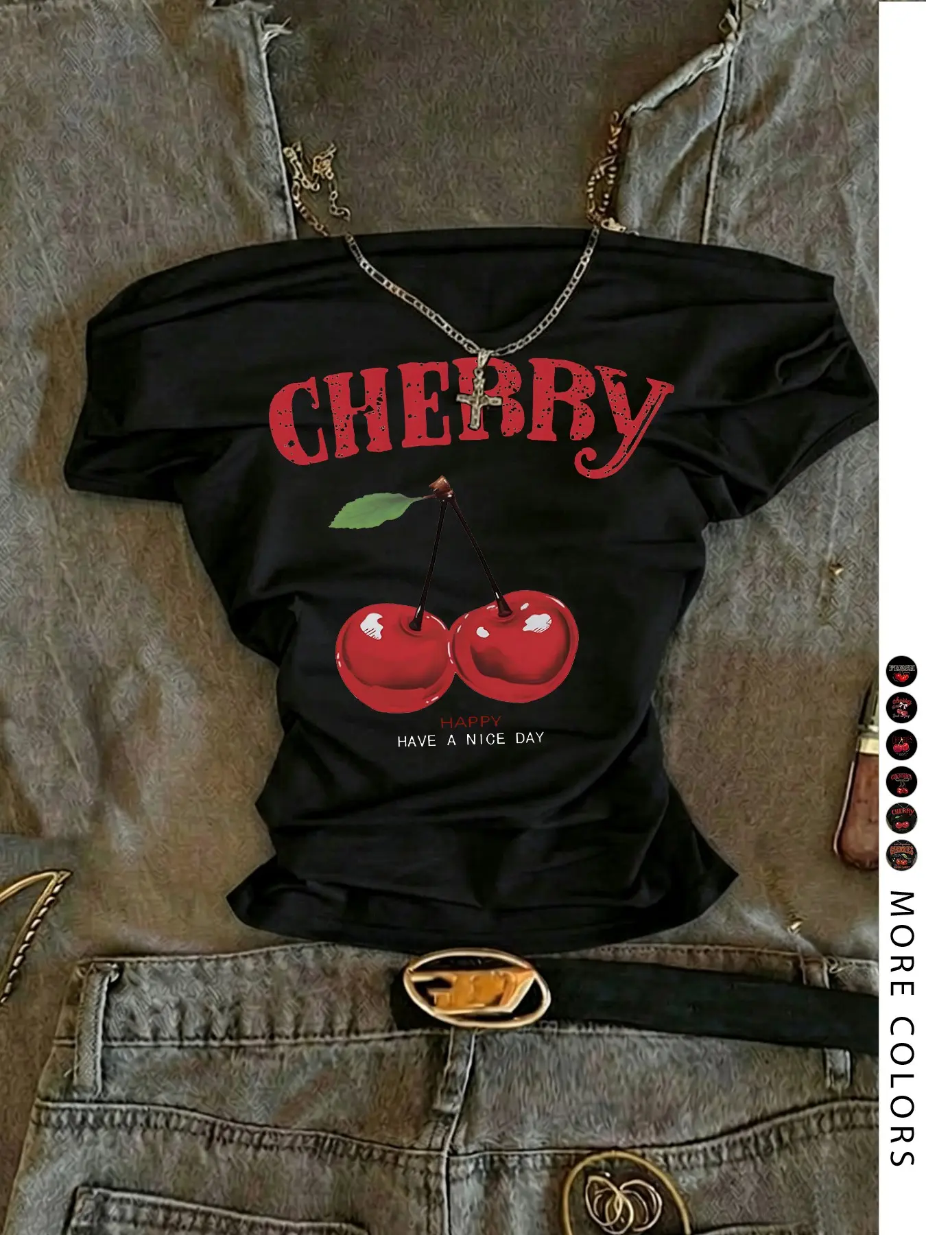 Women's One-Shoulder Cherry Pattern Tight Short Sleeve T-Shirt, Summer Fashion, Retro Sexy Cute, Hip Hop Y2K Style, Music Festival Wear