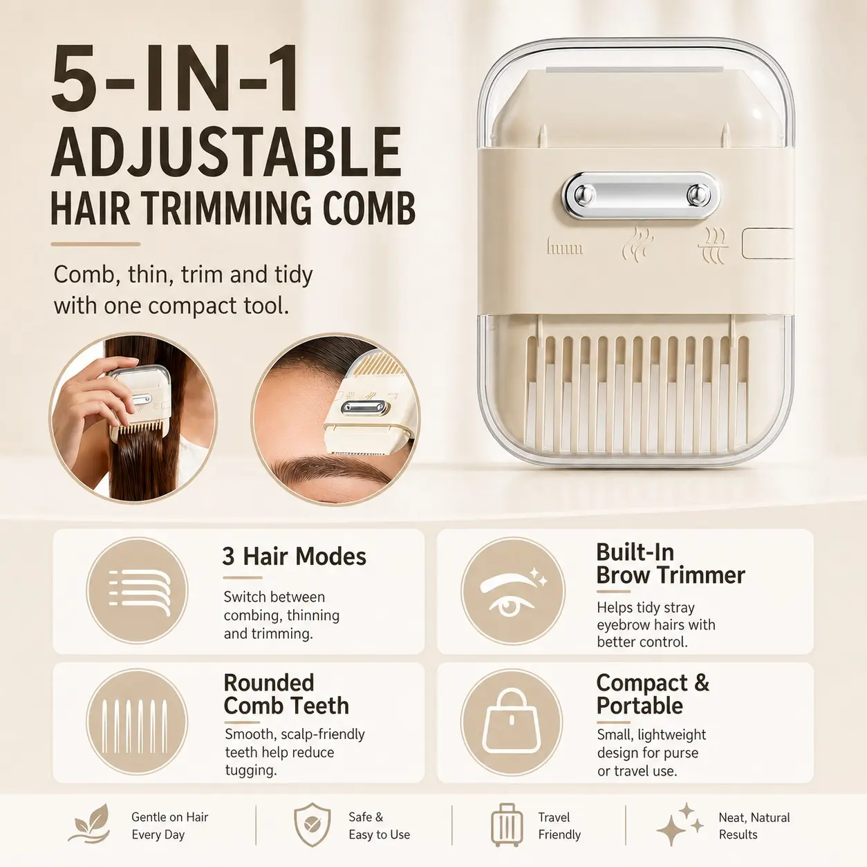 1PCS Five-In-One Haircut Comb, Dual-Head Manual Bang Trimmer, Two-In-One Hair Clipper and Eyebrow Razor, Styling Tool for Dry HairPCS