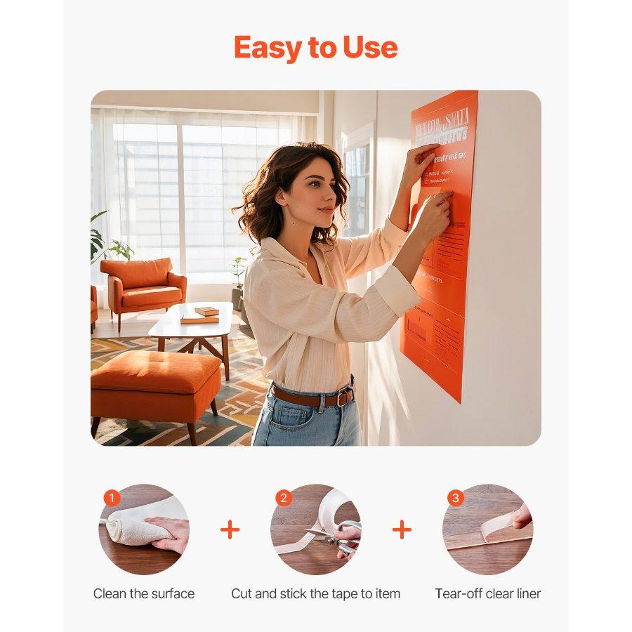 VEVOR Double Sided Tape Heavy Duty, 16 ft Long Nano Mounting Tape, Strong Adhesive Reusable, Clear Two Sided Wall Tape, Removable Poster Picture Hanging Strips for Home, Office, Car, Outdoor Use