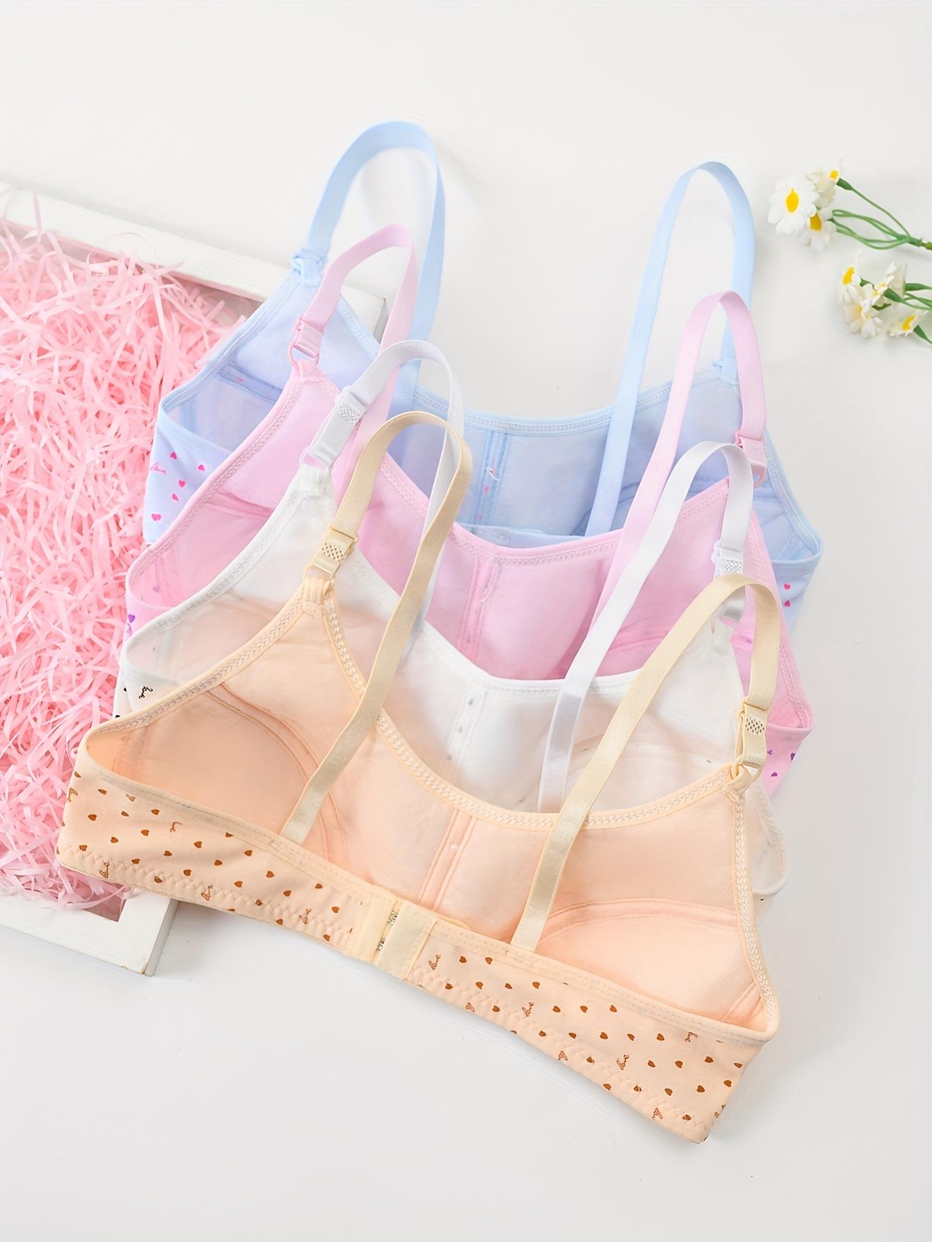 Youth Training Bras 4-Pack - Polyester Blend, Spaghetti Strap, Slight Stretch Fabric, Heart Pattern with Bow Detail, Non-Removable Padding, Regular Fit, Knit - for Ages 12 and Under