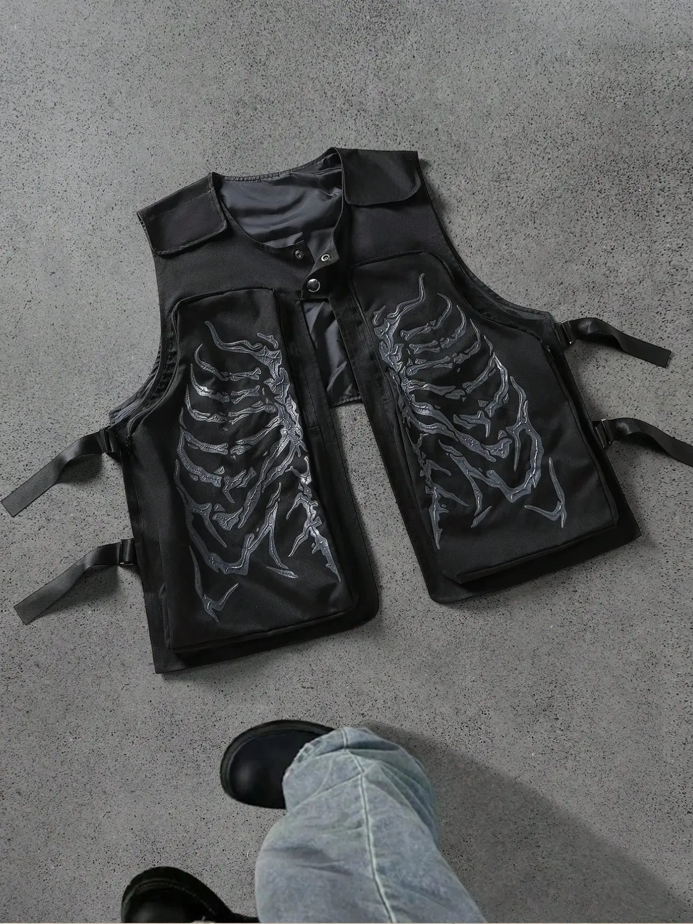 Men's Skull Print Casual Vest, American Heavy Metal Dark Style, Zipper Hidden Pocket, Fall Band Clothing, Halloween Gift
