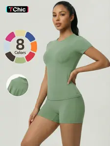 Women's Two-Piece Short Sleeve Top and Shorts Set, Sexy Casual Design, Comfortable Fit, Perfect for Daily Wear, All Seasons, Plain Style