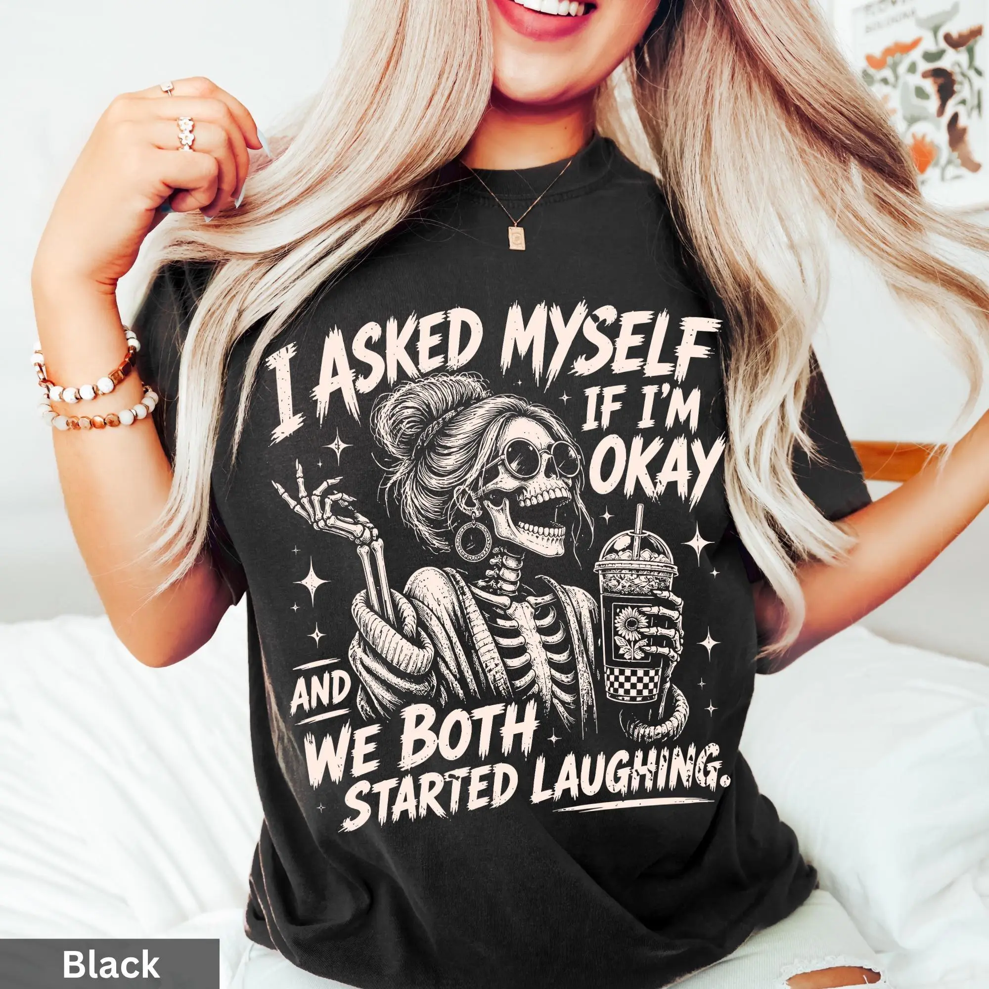 Men's Graphic T-Shirt, Sarcastic 'I Asked Myself If I'm Okay' Skeleton Tee, Casual Loose Fit Cotton Tops with a Ribbed Collar and Seamless Shortsleeve Design, Knit, Smooth, Elastic