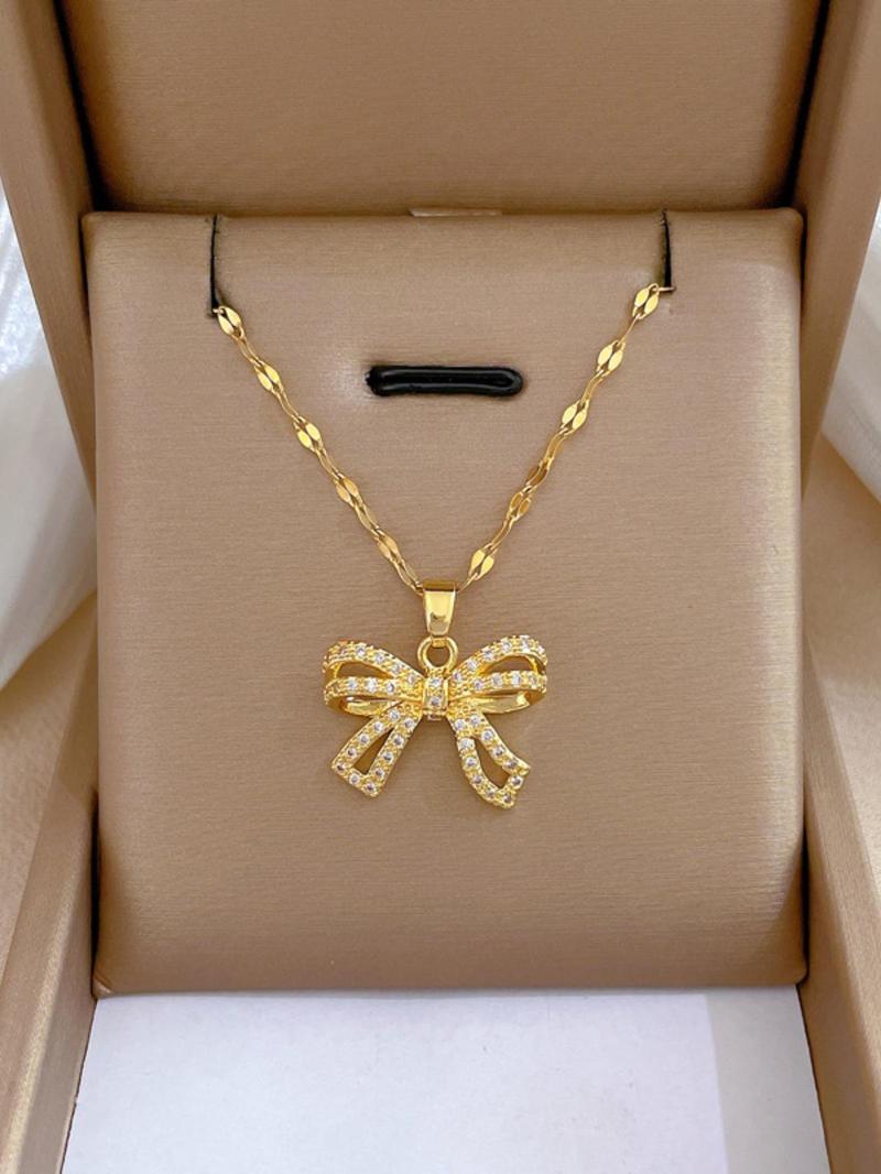 Elegant Rhinestone Bow Decor Pendant Necklace for Women for Gift, Jewelry Gifts, 2024 Trendy Stainless Steel Matching Jewelry, Luxury Shiny Dainty Accessory, Statement Necklace