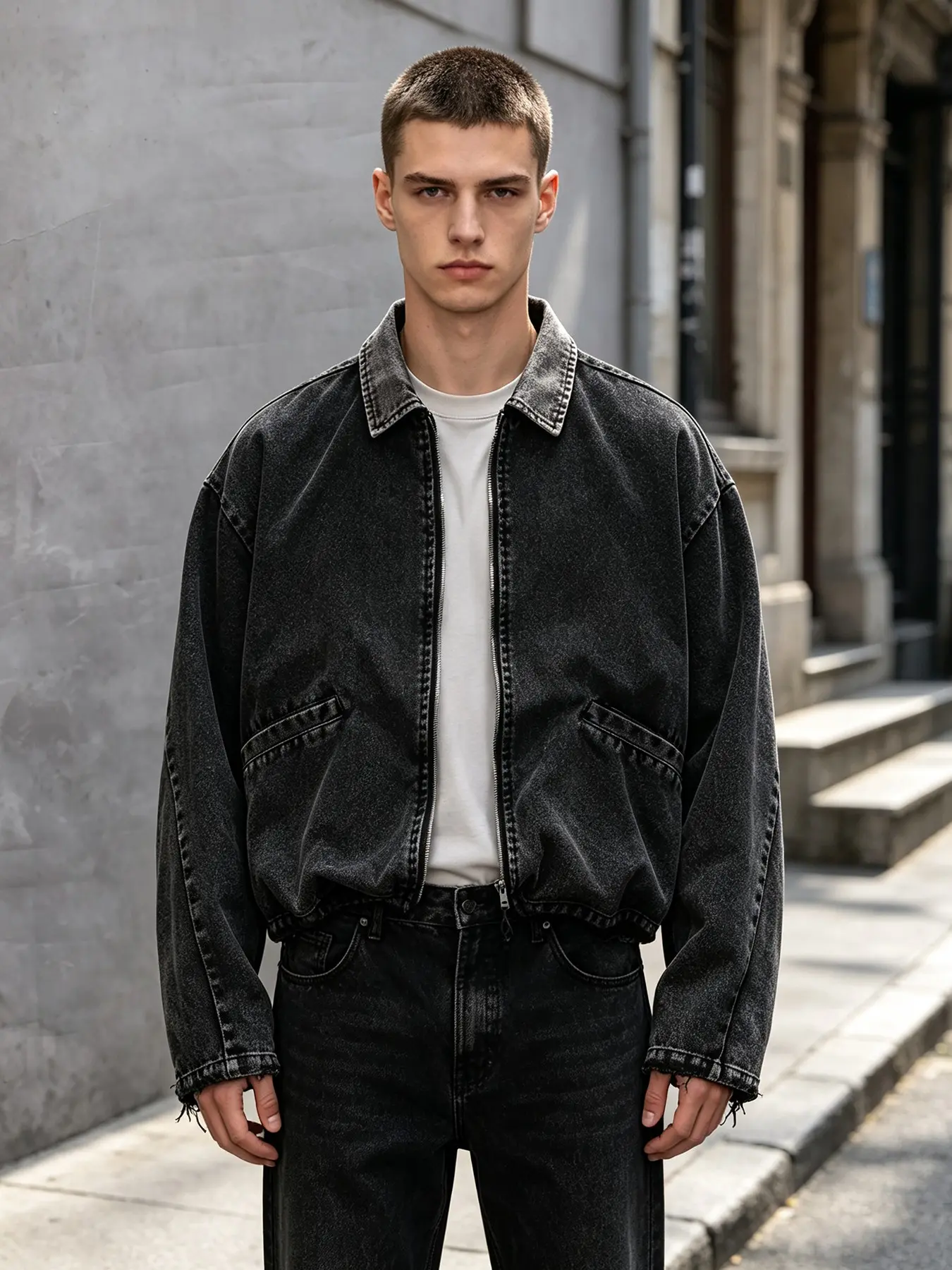 Men's Classic Vintage Cotton Denim Jacket, Short Waist Zipper Lapel Design, Washed Edge Casual Outerwear, American Style Fashion