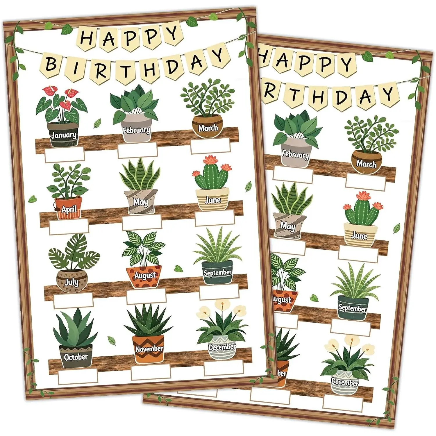 2 count Boho Greenery  Happy Birthday Chart Poster Set Class Greenery Birthday Calendars Chart  Bulletin Board Posters for  to School Classrooms   Homeschool