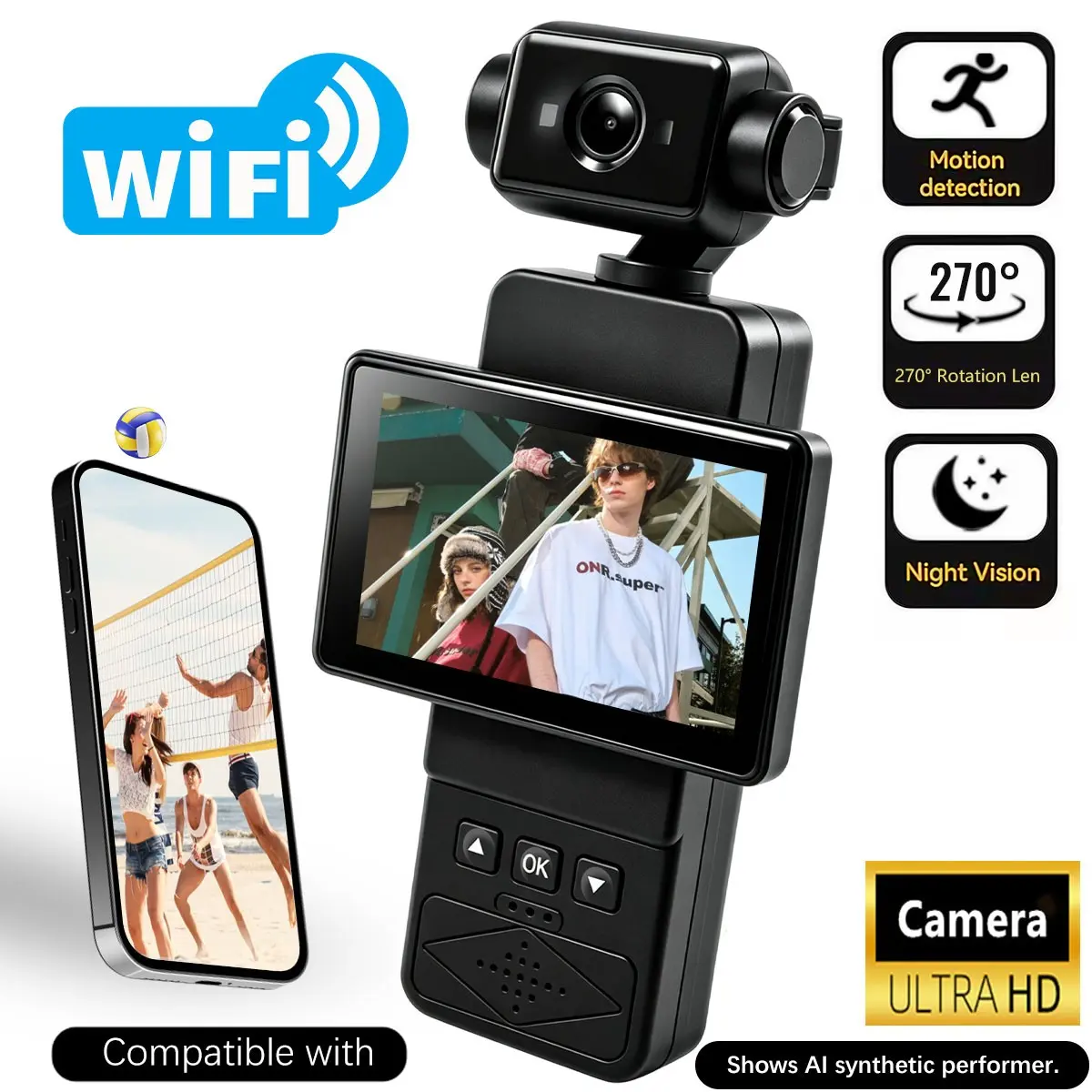 HD Vlog Body Camera, Action Camera with 270° Rotating Lens & 2.65" Screen, WiFi connection，Wearable Pocket Camcorder for Outdoor Cycling Hiking Vlogging,Best Gift