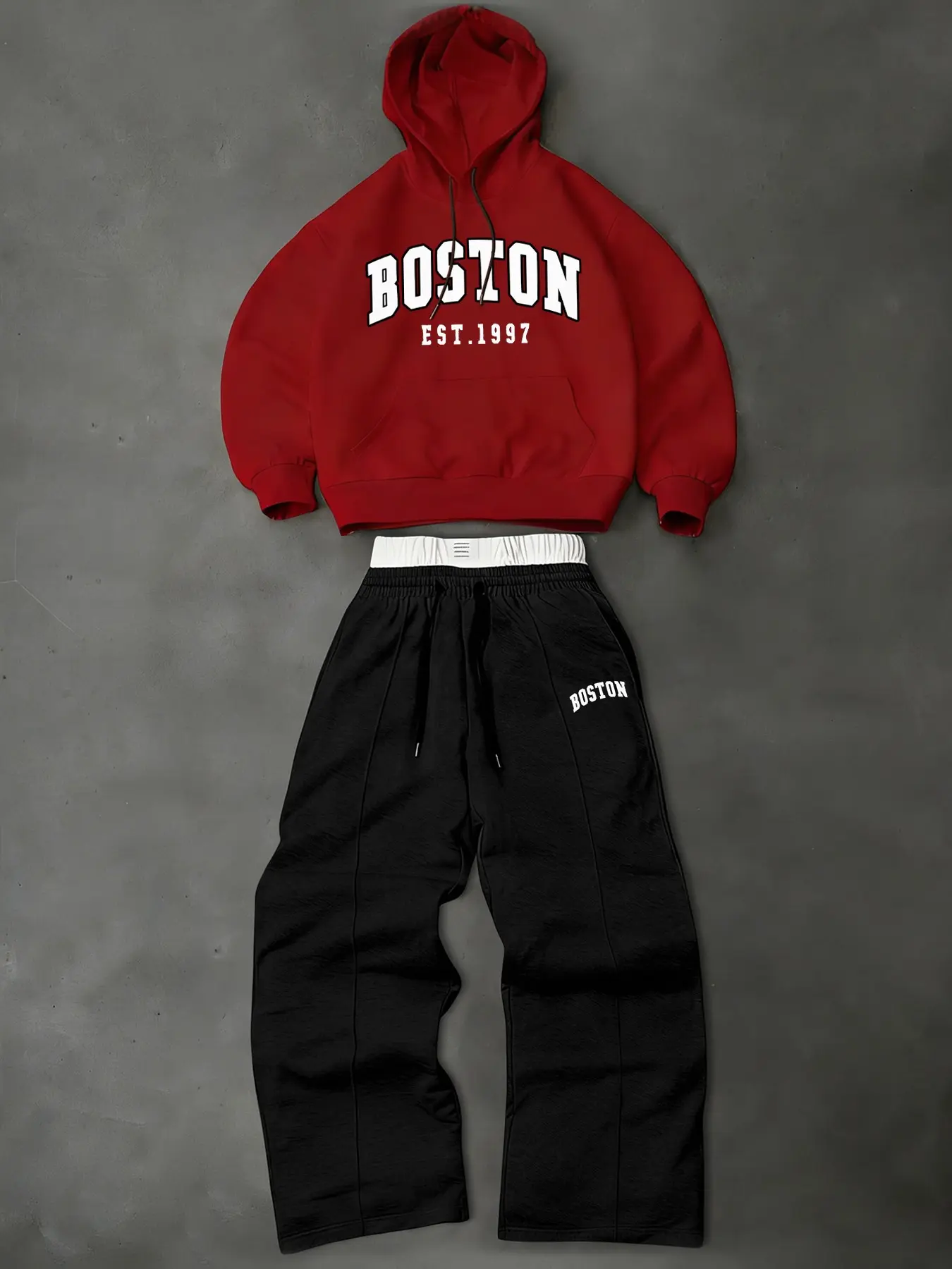 Men's long-sleeved sweatshirt: Printed short hoodie and wide-leg pants set, retro vintage street style two-piece set, men's casual suit.