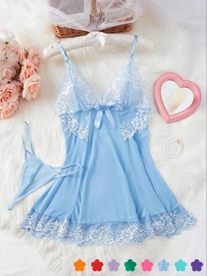 Women's Contrast Floral Lace Bow Front Sexy Costumes Set, Fashion Adjustable Strap Nightgown & Solid Thong, Ladies Summer Clothes for Daily Wear