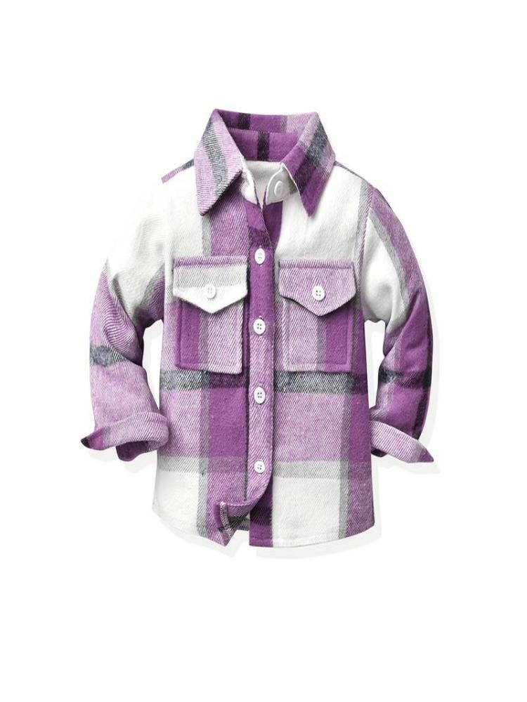 Kids' Preppy Plaid Long Sleeve Shirt, Cotton Blend,-Stretch Woven Fabric, Loose Fit with Lapel Collar, Button Placket, Regular Sleeve, Fall/Winter Warm for Boys Girls