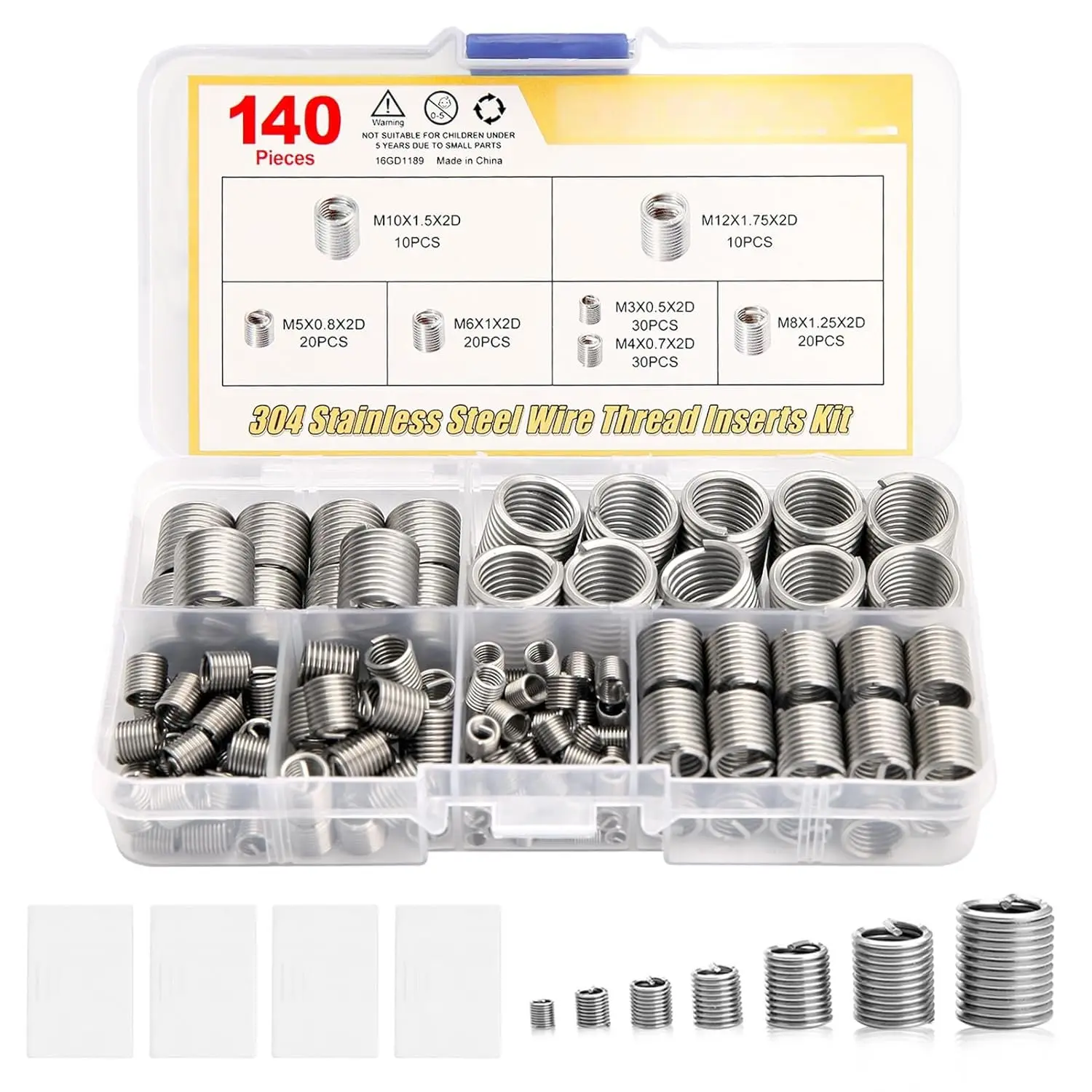 140 count Wire Thread Inserts Kit, Metric Helical Type Coiled Wire | 304 Stainless Steel, M3 M4 M5 M6 M8 M10 M12 Steel Sheath Screw Repair Sleeve, Coiled Spiral Thread Repair, with Storage Box