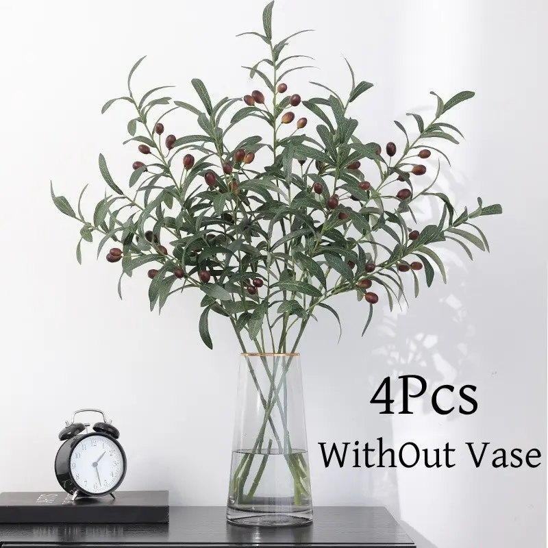 4Pcs Decorative Artificial Olive Branches with Olives for Vase Faux Olive Stems Greenery Stem Plant 27.9 inch/71cm Long Olive Tree Branch for Home Wedding Decor（WithOut Vase）