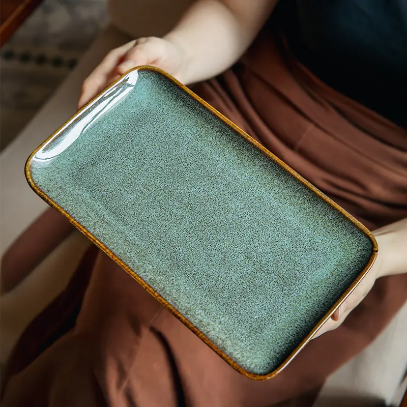 Poppy Green Vintage Textured Rectangular Snack Plate Ceramic Hot Pot Side Dish Plate Japanese Sushi Plate for Cross-Border Export