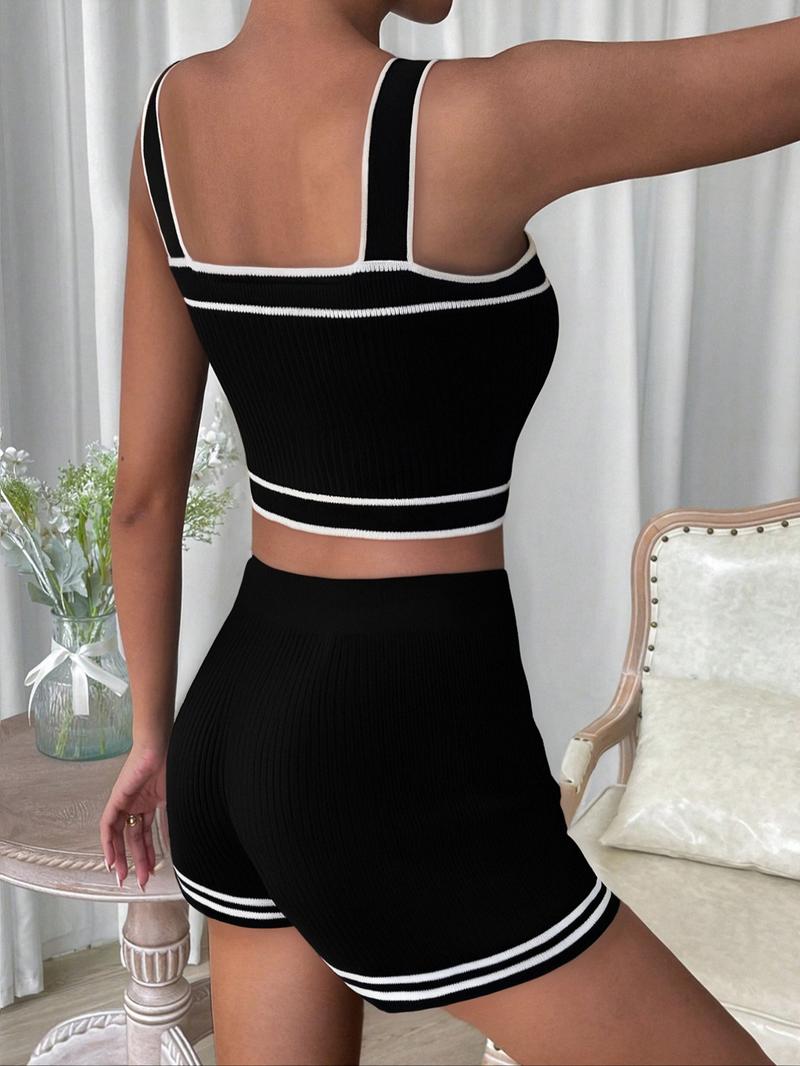 Women's Knit Two-Piece Set Vest Top & Colorblock Shorts, Casual Elegant Fitted Short Summer Spring