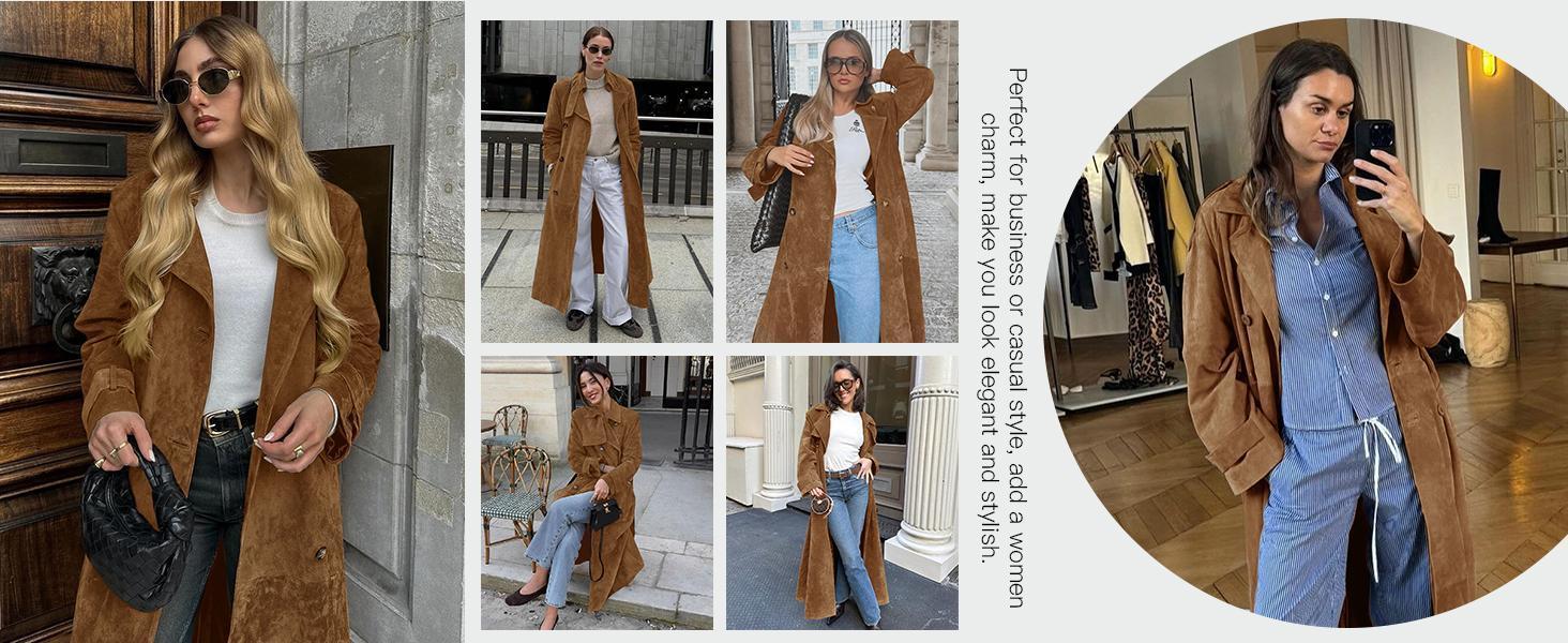 Imily Bela Womens Long Trench Coat Fall Faux Suede Jackets Double Breasted Lapel Pea Coat with Belt Imily Bela Womens Long Trench Coat Fall Faux Suede Jackets Double Breasted Lapel Pea Coat with Belt