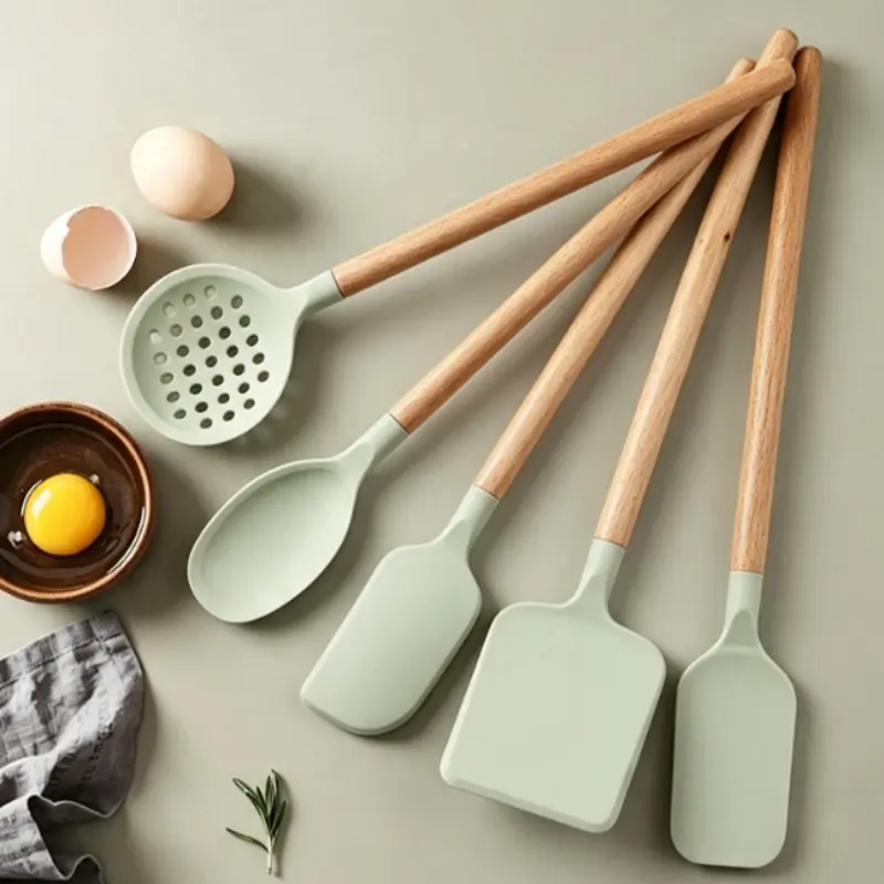 5-piece wood-handled silicone spatula and spatula spoon combination! It is resistant to high temperatures and does not damage the pan. It is equipped with a complete set of spatula, spoon and colander. It is equipped with extended solid wood handles to pr