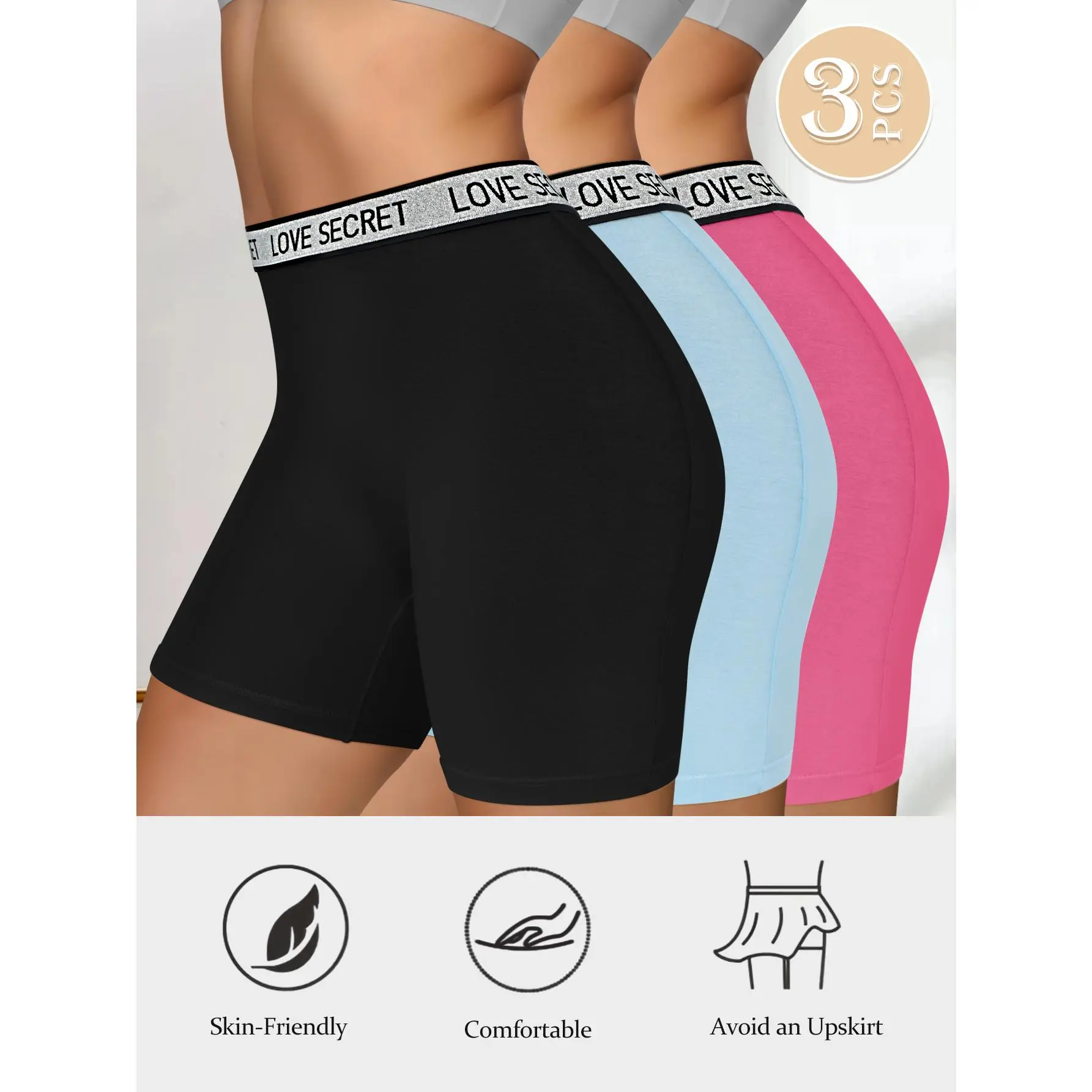 QUASTI 3 Packs Ladies High-Waist Leg Shaping Shorts with Waistband Letter Design, Elastic Tummy Control Eull-coverage Safety Panties for Ladies Dailywear, Soft Elegant Leg Shaping Panties Perfect for Women Girls Mother's Day Birthday Gifs, S-XXL