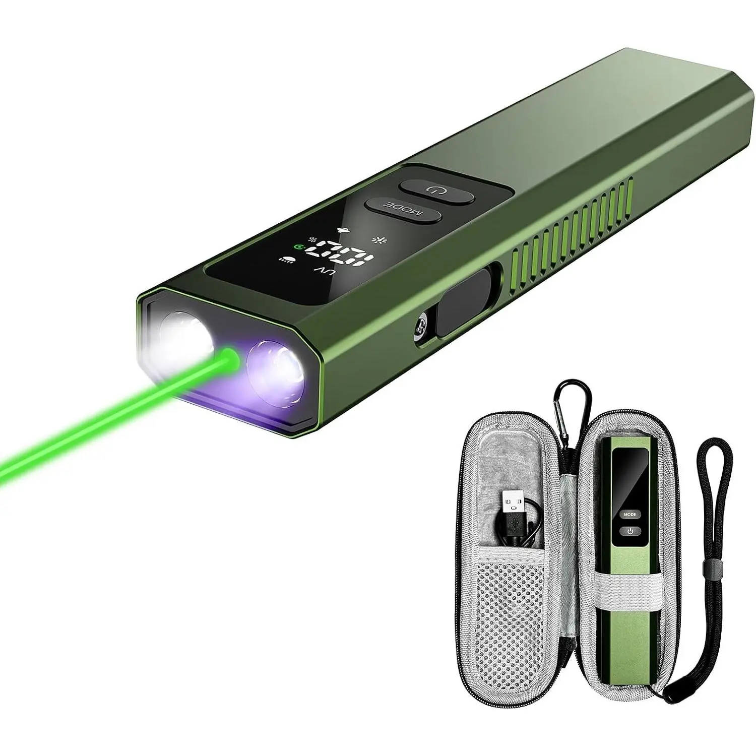 Compact 1300 Lumens Rechargeable Work Light with Green Laser, UV Lamp, Side Lamp, Magnetic Base, Digital Display, Aluminum Body, Laser Pointer