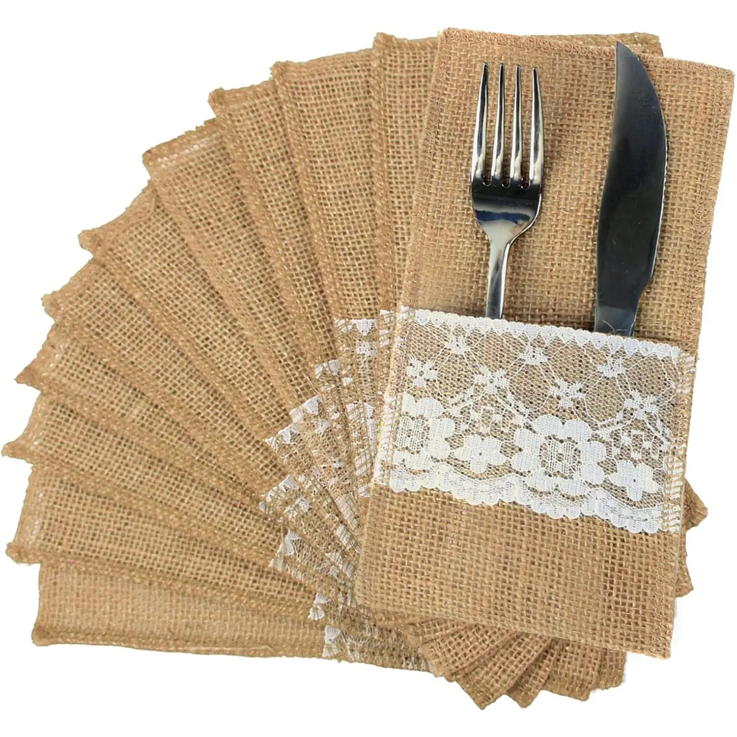 50 count 4"x8" Burlap Lace Utensil Cutlery Holders Pouch Silverware Holder Knifes Forks Bags Burlap Napkin Bag for Rustic Wedding Party Decorations favors