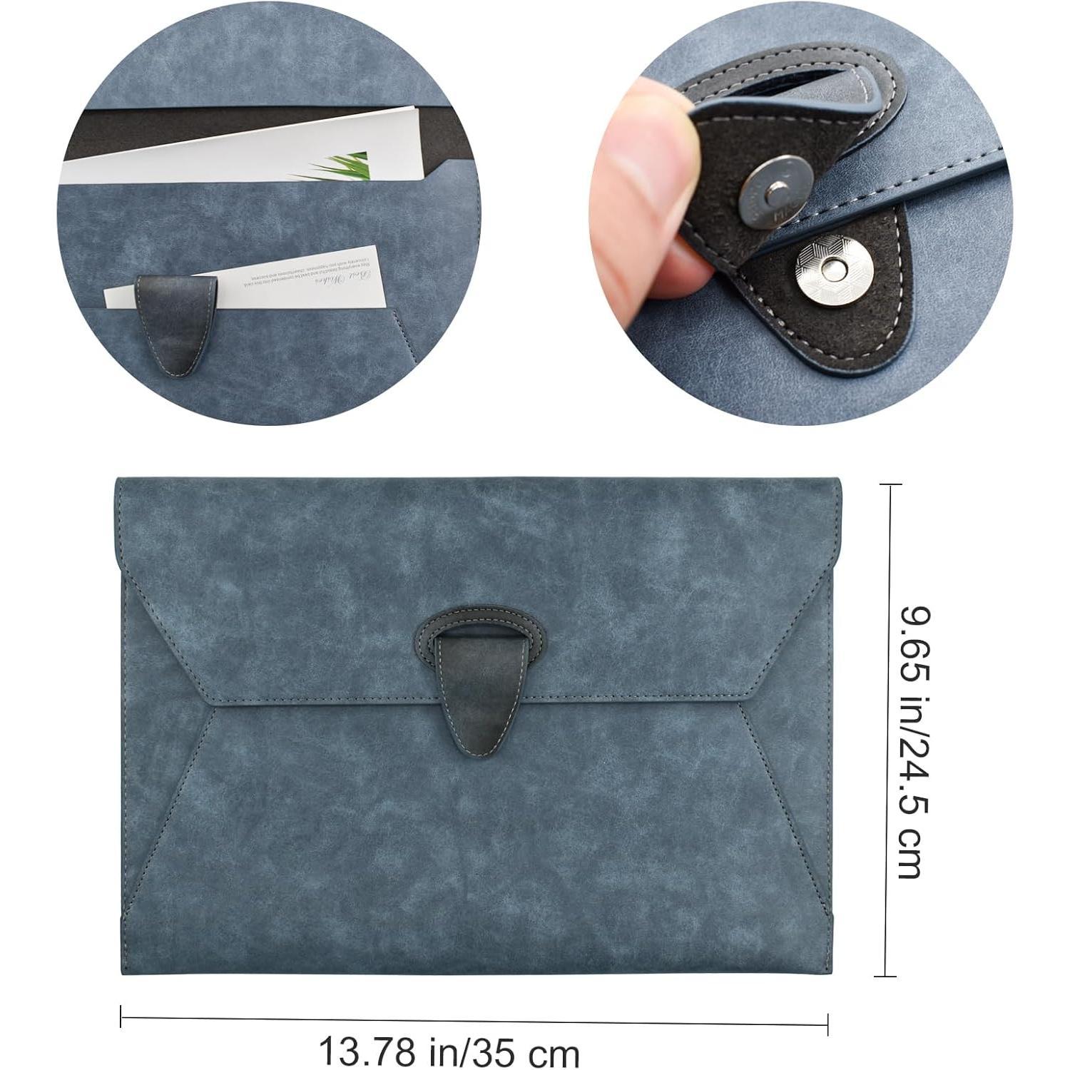 PU Leather File Folder Document Organizer Holder  Filing Envelope Case with 2 Pockets, A4 Portfolio Folder with  Snap Button Closure (Blue)