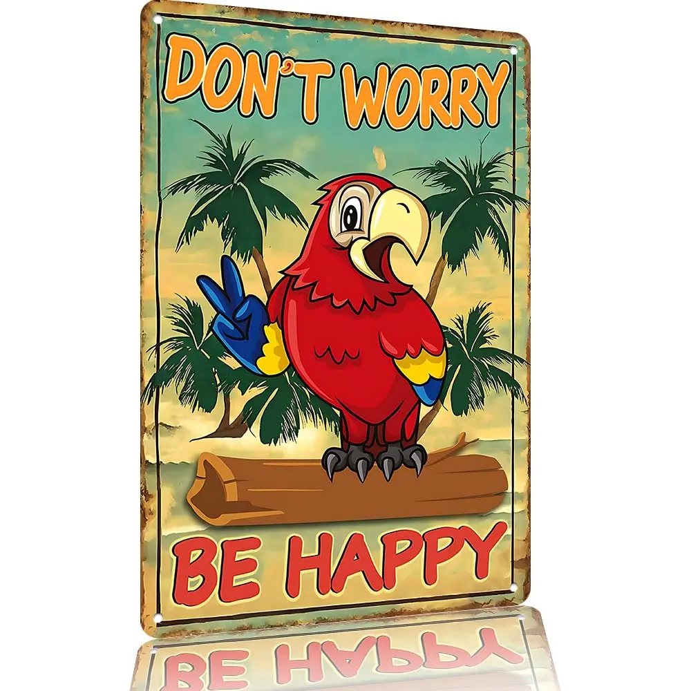Cartoon Tropical Beach Parrot Aluminum Wall Sign - 12×8in Lightweight Sunset Palm Decor Plaque, Summer Coastal Room Gift for Beach House, Indoor Outdoor Wall Hanging Home Decor