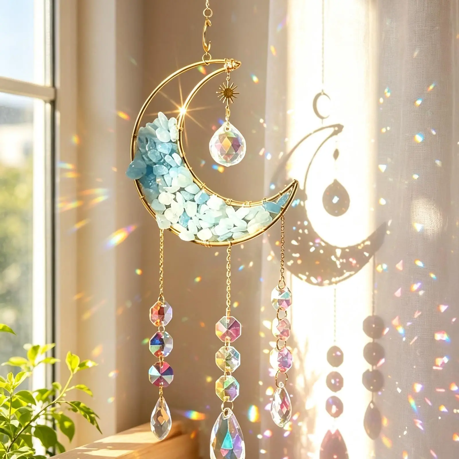 Blue Crystal Moon Prism Light Catcher, Crescent Window Hanging Pendant, Glass Prism Decorative Wind Chime, Rainbow Sun Catcher for Home Garden Porch