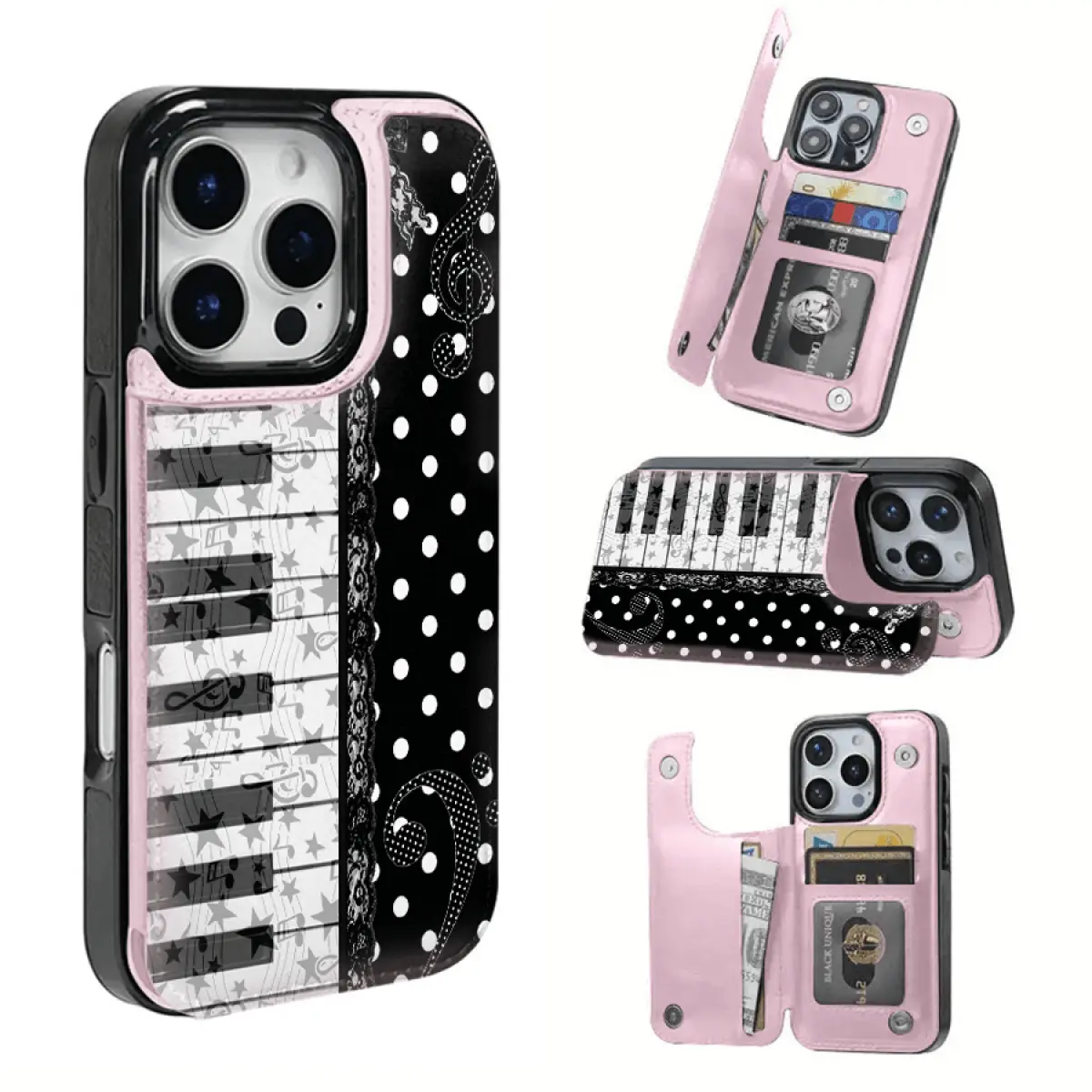 Star piano key and note pattern card holder phone case, featuring a card slot for storing bank cards, bus cards, etc.Suitable for iPhone 16 Pro Max, 16, 15 Pro, 14 PLUS, 13, 12 Pro Max series.Can be used as