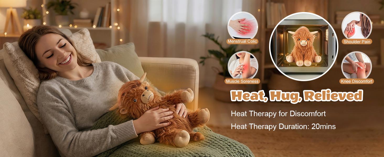 AGS Heatable Coolable Weighted Highland Cow Stuffed Animals Plushie, Microwavable Heating Pad for Period Cramps & Pain, Lavender Scented Cow Plush Toys for Stress, Highland Cow Gifts for Women