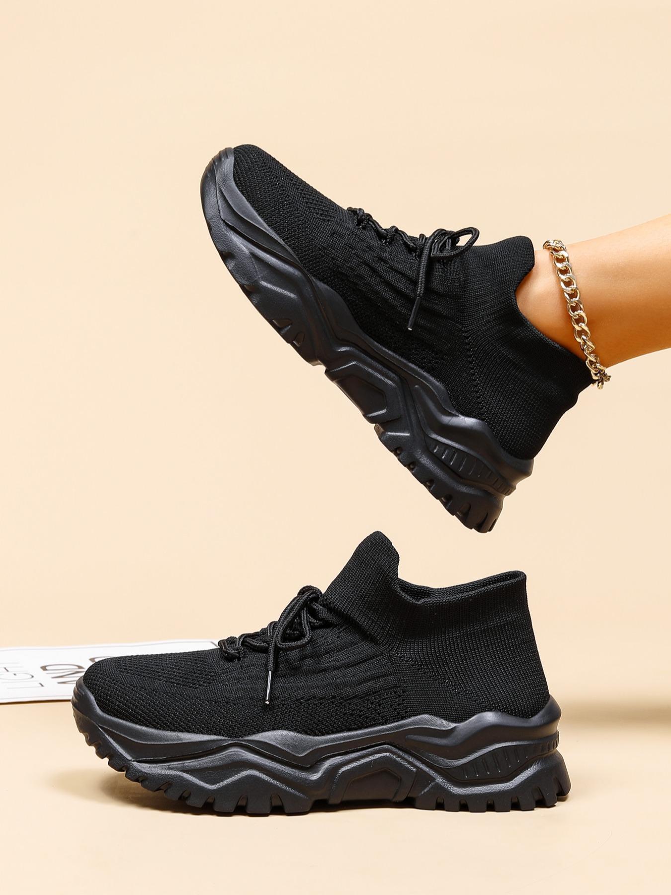 Women's Low Top Sports Running Shoes, Casual Outdoor Sports Walking Shoes, Knit Breathable Chunky Sneakers, Lace up Front Sneakers, Sporty Running Shoes