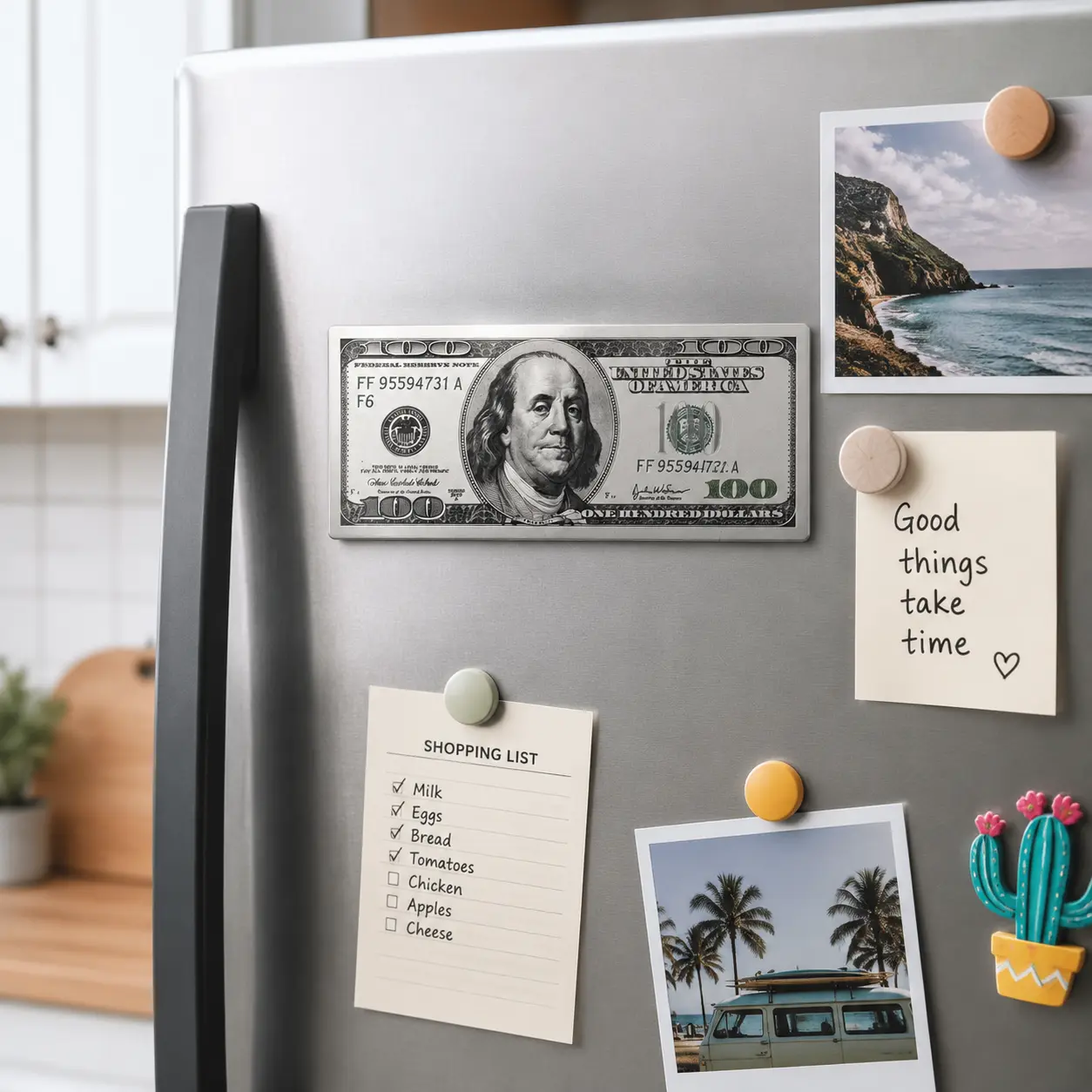 Novelty Dollar Bill Fridge Magnet - Shiny Reflective Aluminum Foil Decorative Accessory, Lightweight Funny Money-Style Magnetic Ornament, Unique Gift for Home Decor, Artwork, Metal
