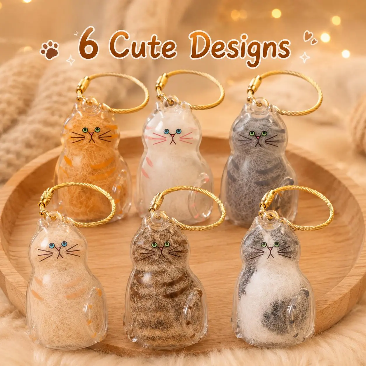 Cat Fur Keepsake Keychain, Clear Pet Hair Memory Capsule with 6 Cute Cat Designs, DIY Fur Storage Charm & Memorial Pendant for Cat Lovers, Cat Mom Keepsake Gift