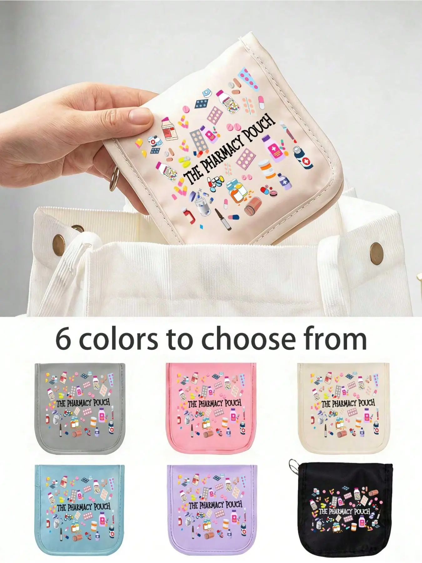 Portable Medicine Bag, Cute Cartoon Pill and Syringe Pattern Storage Pouch, Compact First Aid Kit, Travel Medical Kit, Multi-Functional Fabric Medication Bag