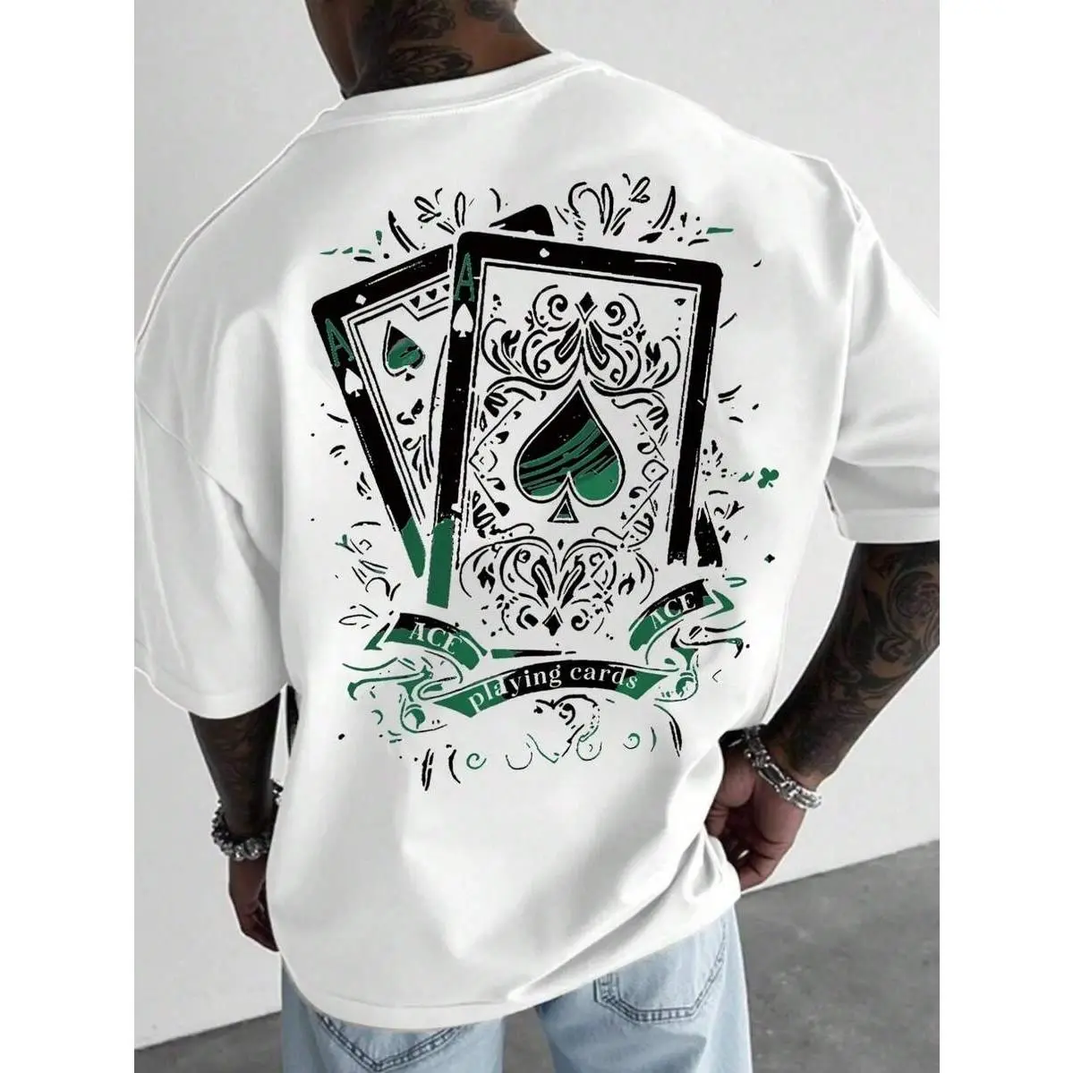 Men's Pure Cotton T-Shirt,Mens Clothes,Graphic Tee,Unisex Spade And Poker Print Short Sleeve T-Shirt, Loose Fit Breathable Round Neck Top, Fashion Streetwear For Music Festivals, Stylish Casual Tops,Summer Outfits,Streetwear