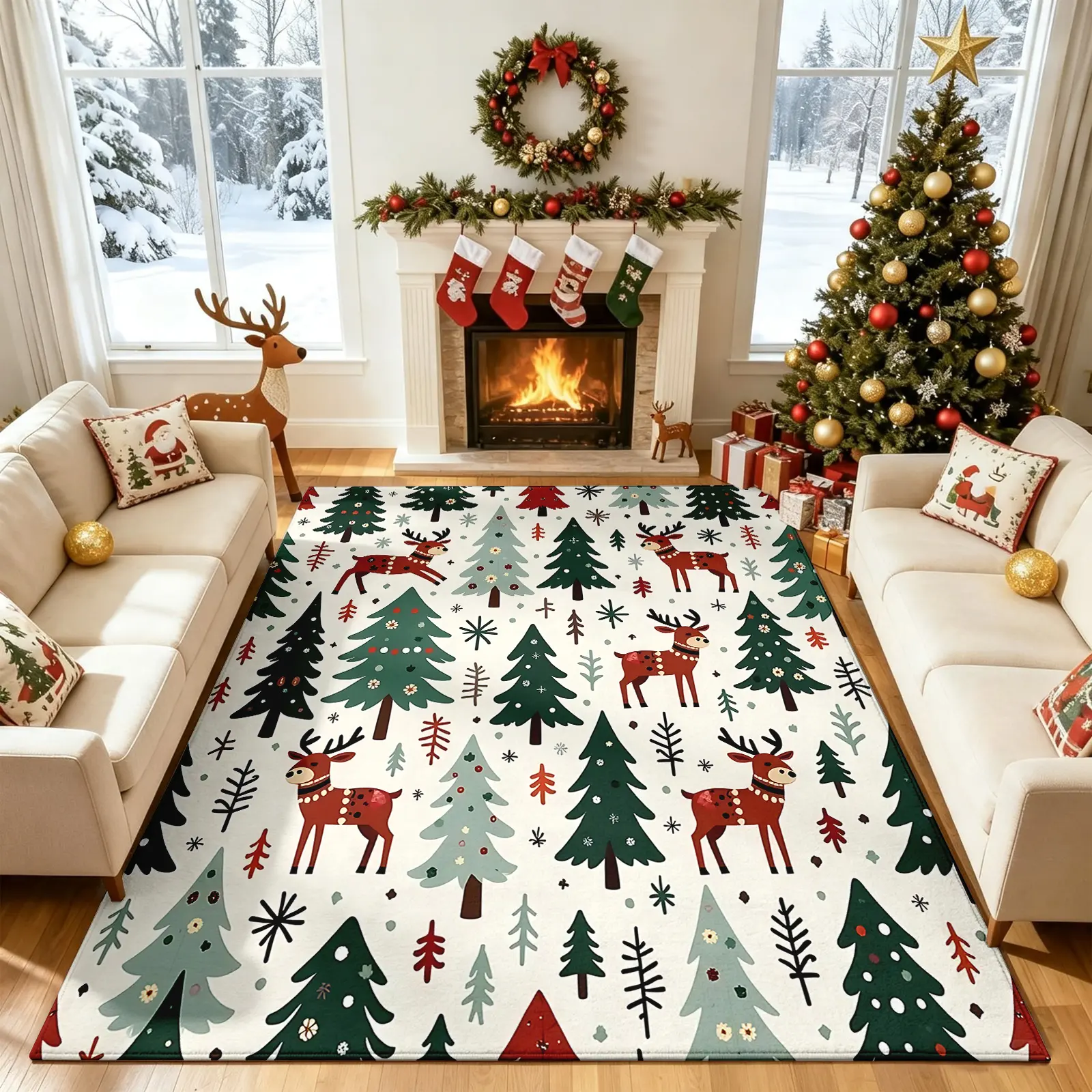 Nordic Winter Holiday Area Rug, White Geometric Tree & Reindeer Pattern with Snowflake Details, Plush Low-Pile Non-Slip Machine Washable Carpet, Cozy Seasonal Decor for Game Room, Dining Room, Living Room, Great Christmas Holiday Gift